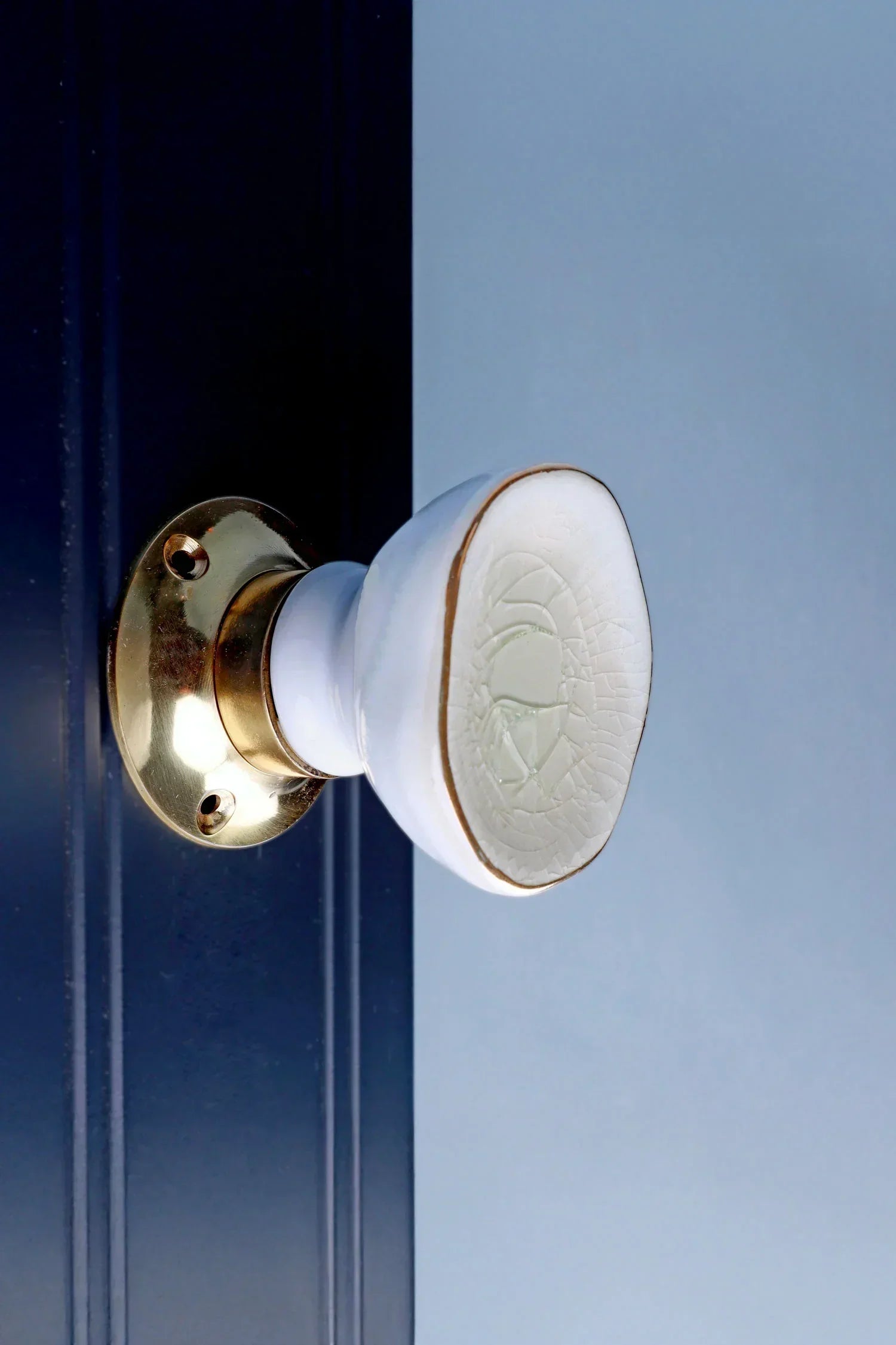 Rhodes Cream Crackle Glaze Ceramic Mortice Door Knobs with Brass Base — alternate view, G Decor