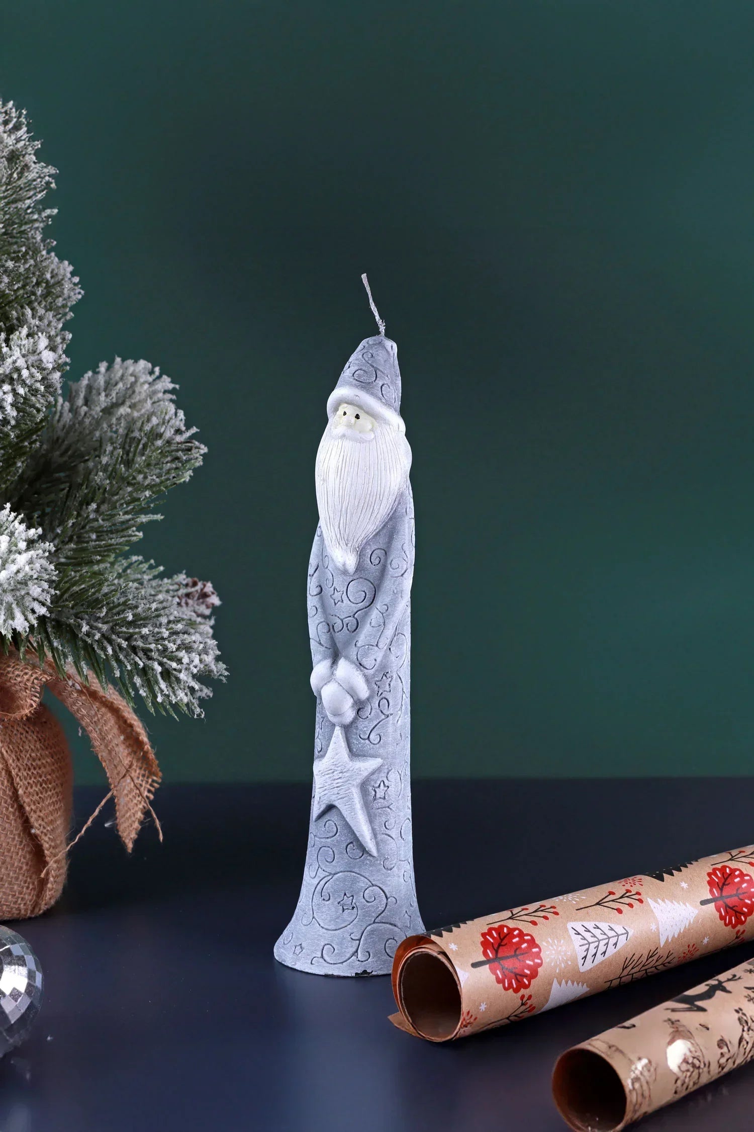 Fit Santa Christmas Candle in Grey — close-up view, G Decor