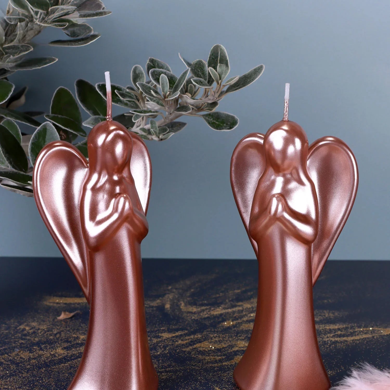Celestielle Set of 2 Rose Gold Angel Candles Hand-Finished Sculptural Wax Figures of Serenity