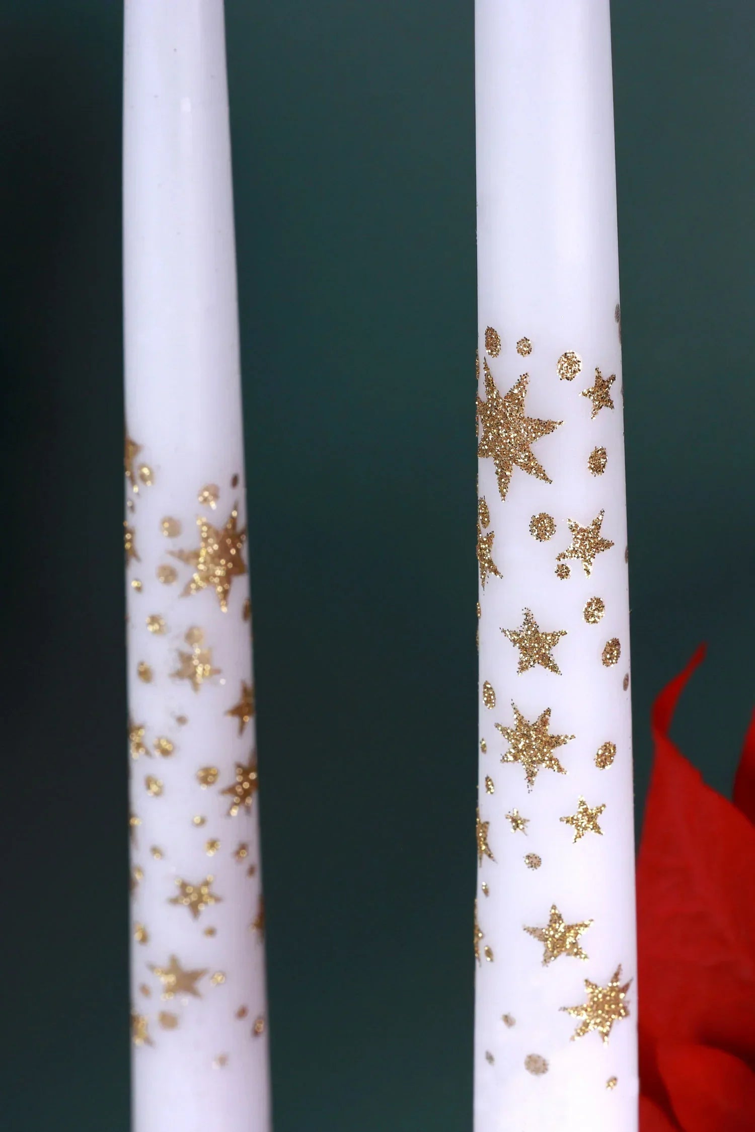 White taper candles with gold glitter star designs, luxury G Decor home décor accents
