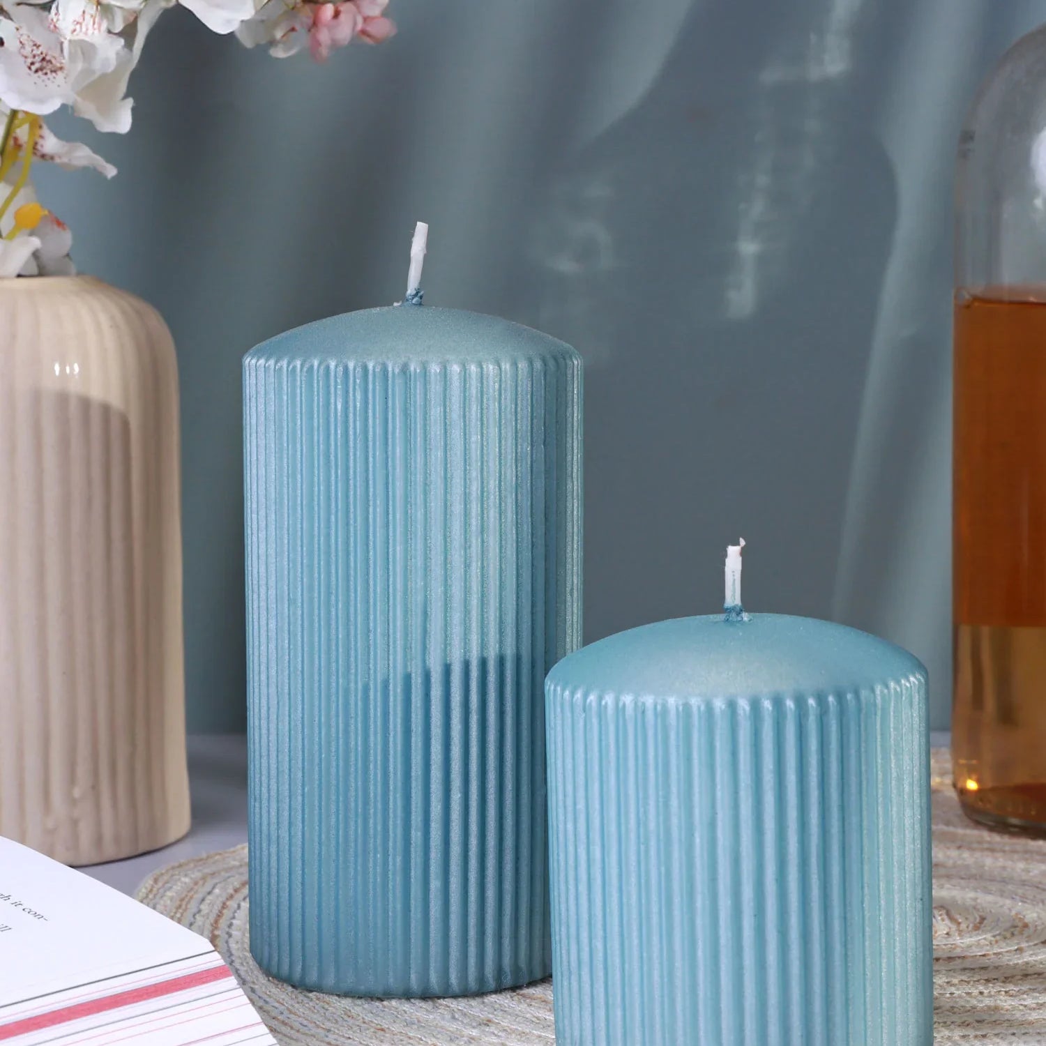 Vellure Ice Blue Ribbed Pillar Candle Home Decor Elegant Statement