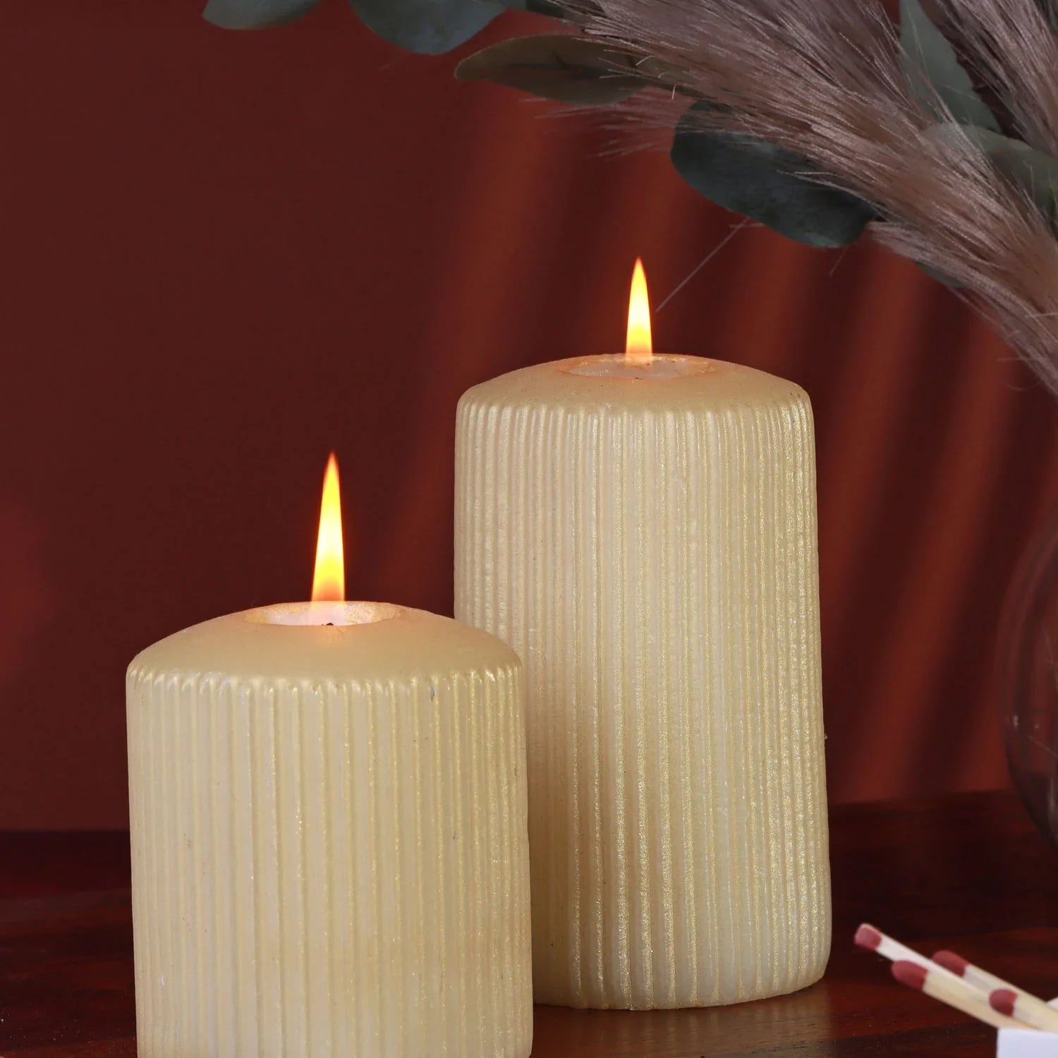 Vellure Sandstone Yellow Ribbed Pillar Candle Warm Accent Stylish Modern Spaces Statement