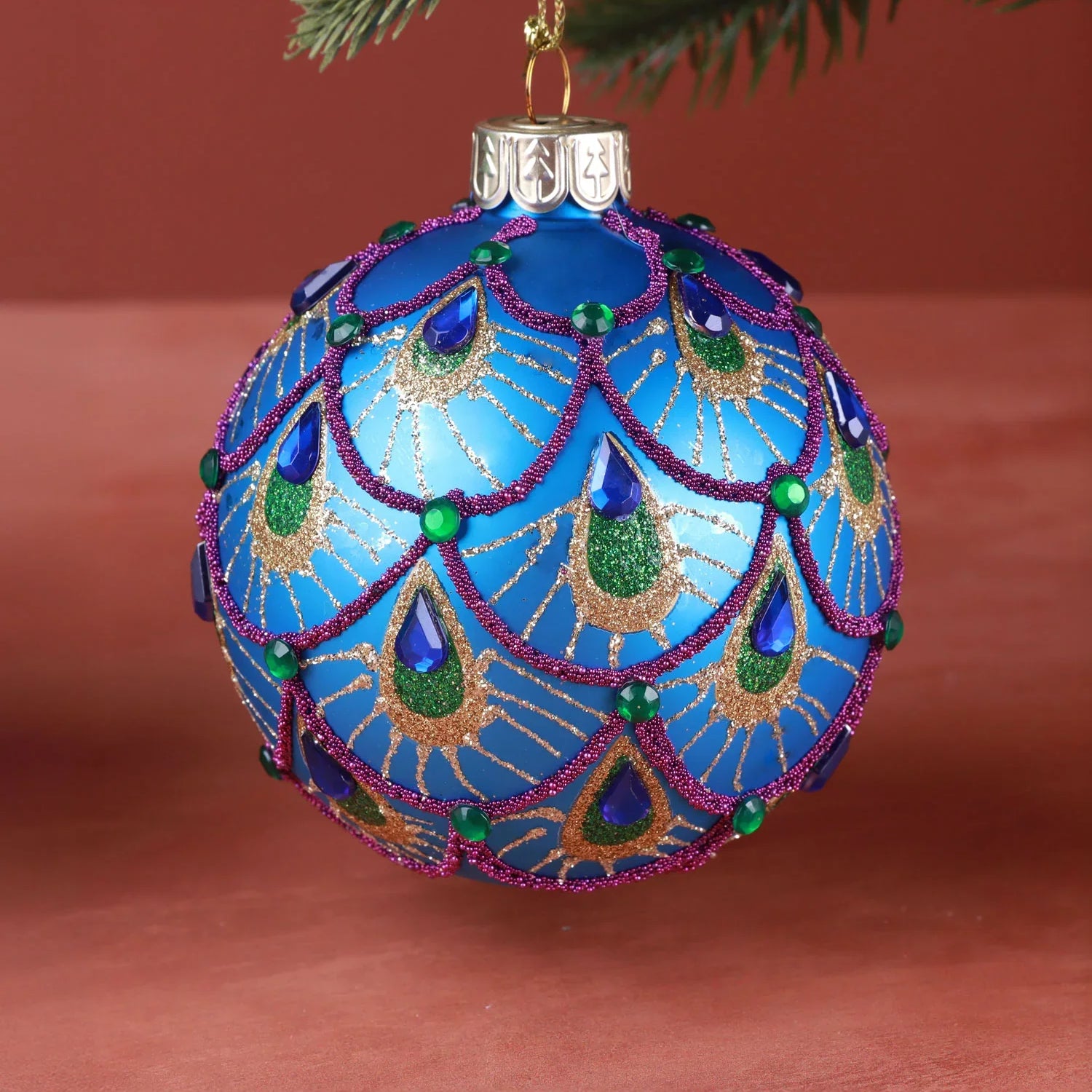 Hand-Painted Glass Christmas Bauble Hanging Decoration Peacock Tail Design in Emerald Green or Royal Blue
