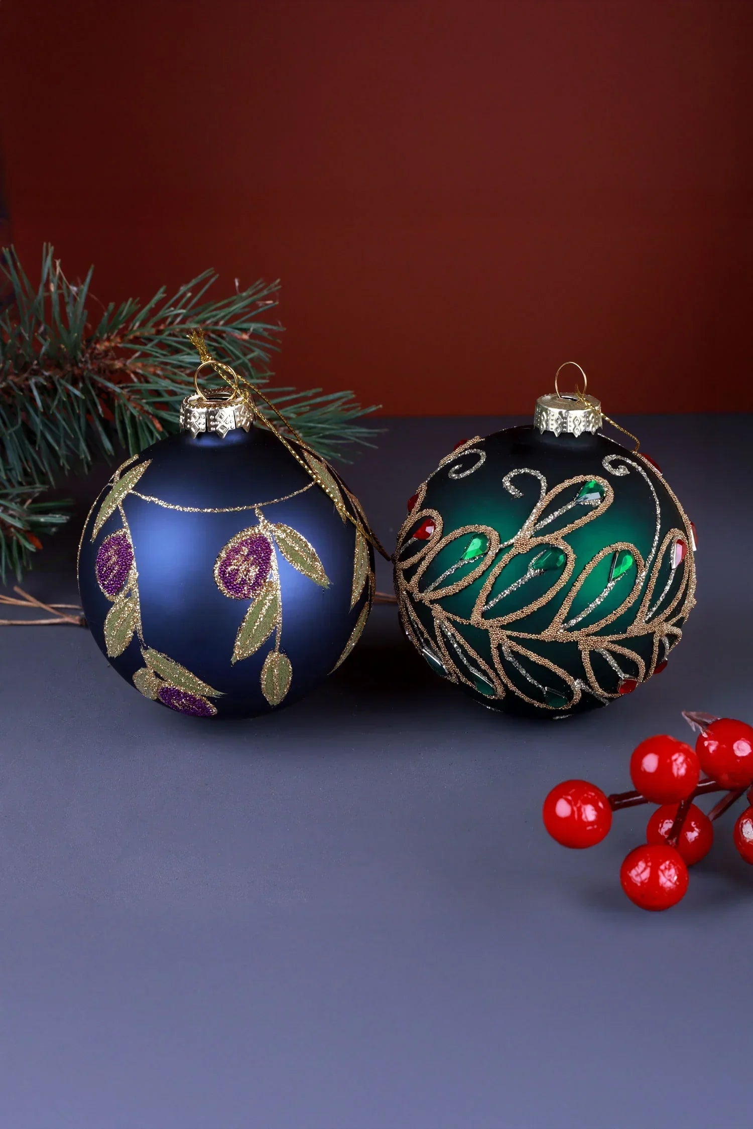 Hand-Painted Jewel Scrollwork Glass Christmas Bauble in Green or Deep Blue — alternate view, G Decor