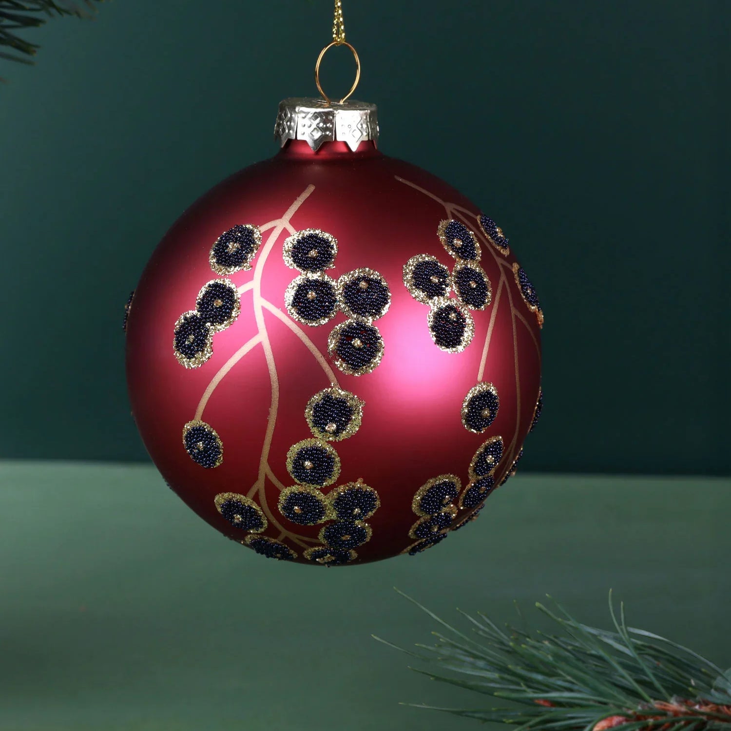 Hand-Painted Glass Christmas Bauble Hanging Decoration Winter Berry Branch or Golden Poinsettia Red