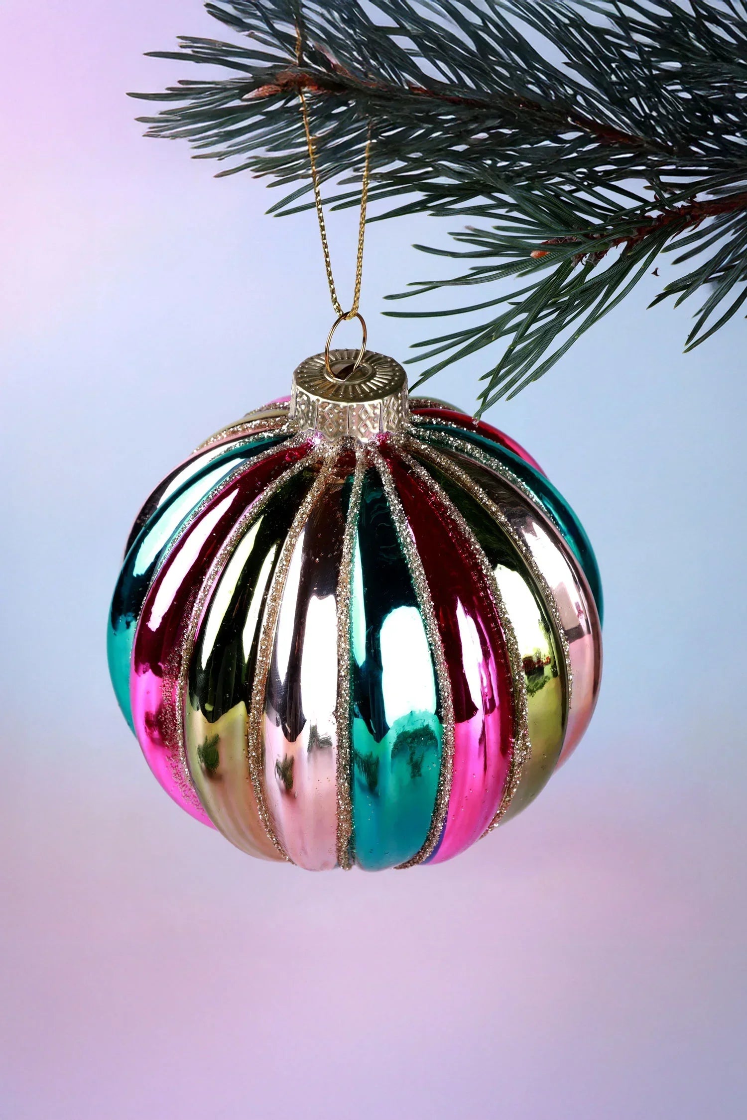 Holiday Carnival Hand-Finished Multicolour Glass Christmas Bauble — close-up view, G Decor