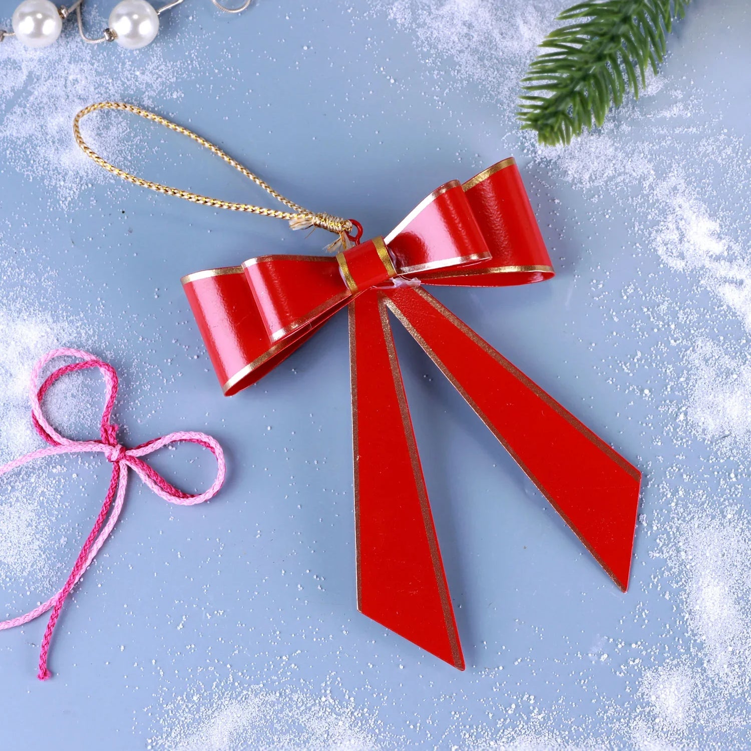 Red Christmas Bow Hanging Decoration Gold-Trim Festive Ribbon Ornament