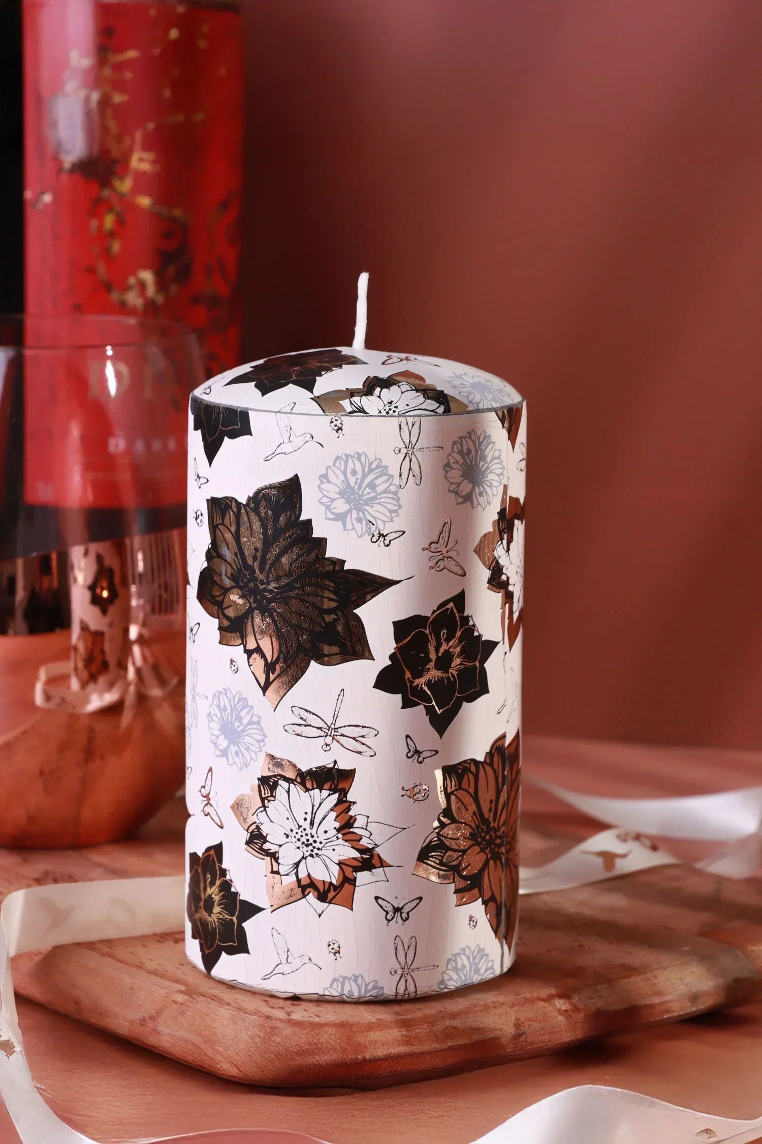 Bouquet Royale Autumn Garden Pillar Candle in Beige with Aged Brass — alternate view, G Decor