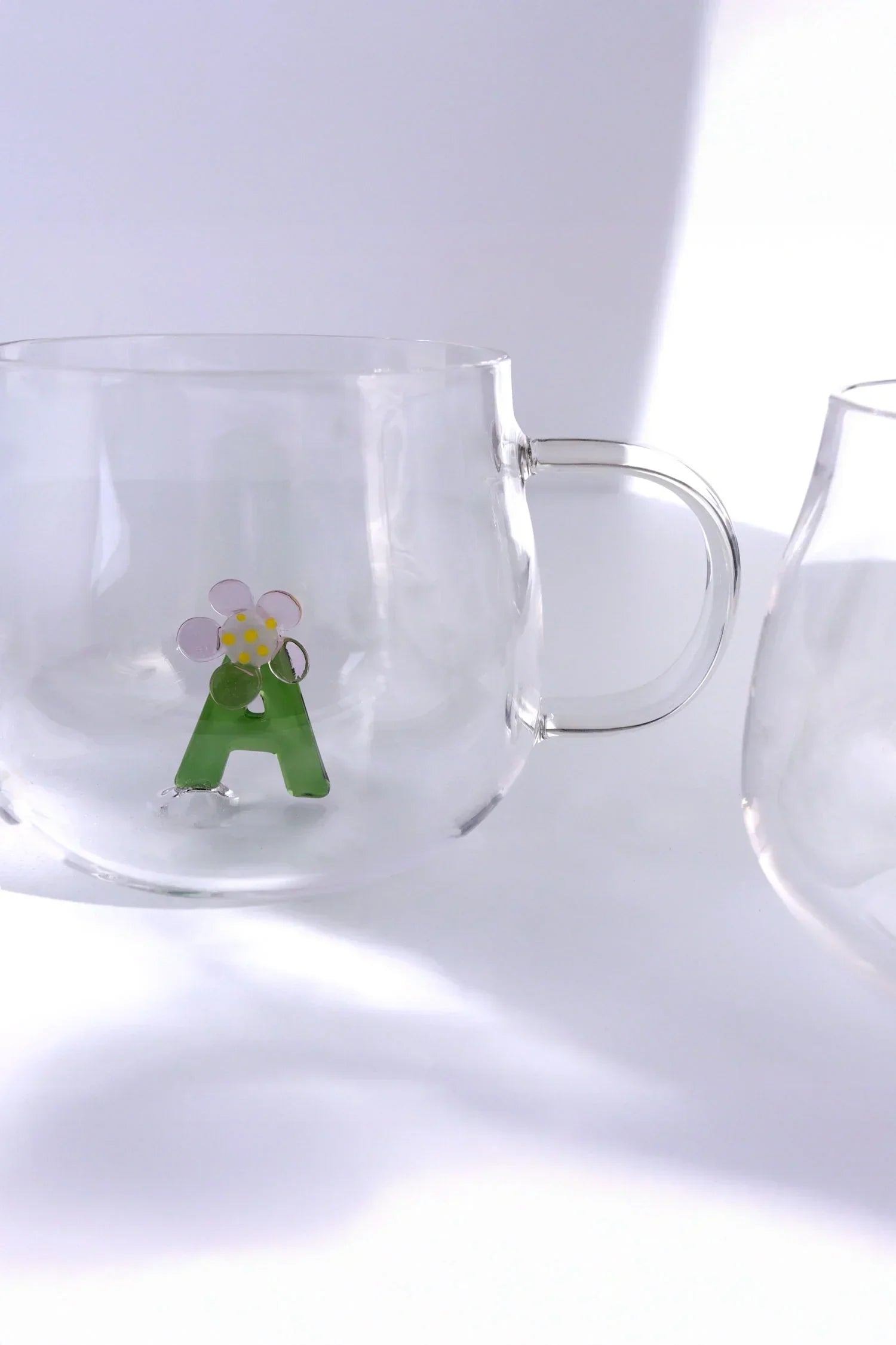 Personalised Monogram Glass Mug with 3D Floral Letter A to Z — close-up view, G Decor