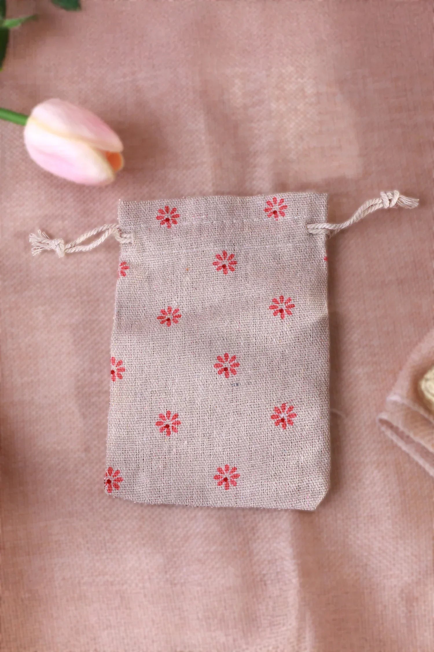 Set of 2 or 5 Blossom Reusable Linen Gift Bag Favour Pouches — lifestyle view, G Decor