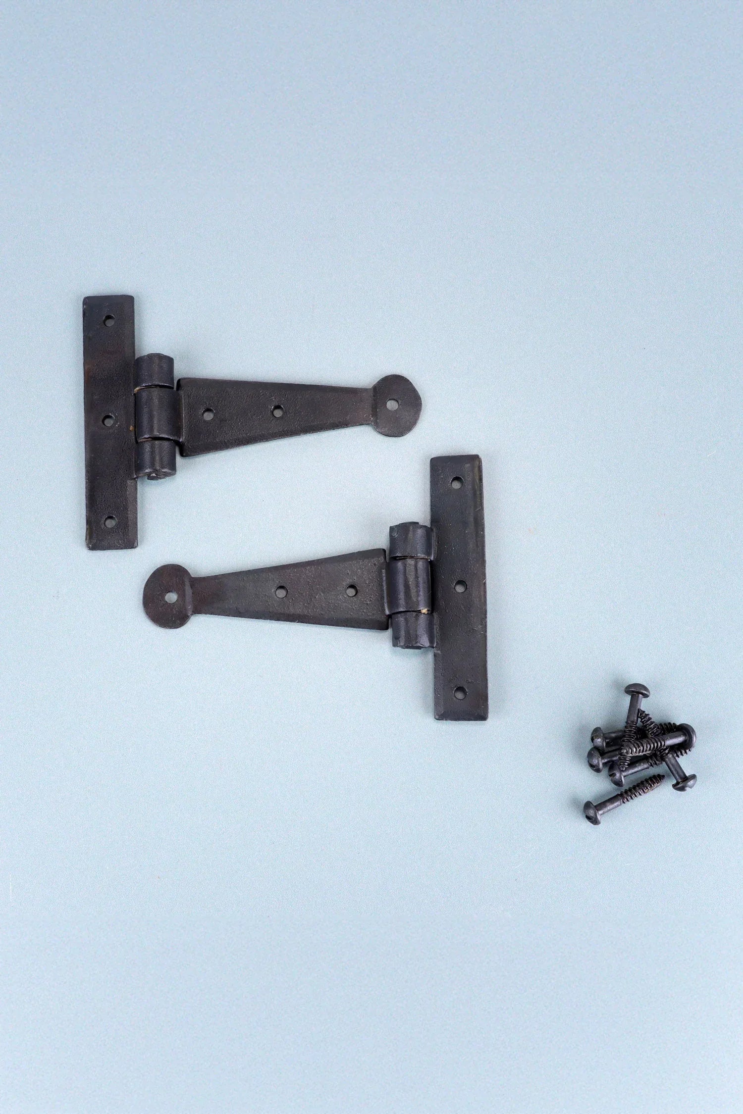 Pair of black metal T-hinges with screws on light background, luxury hardware by G Decor