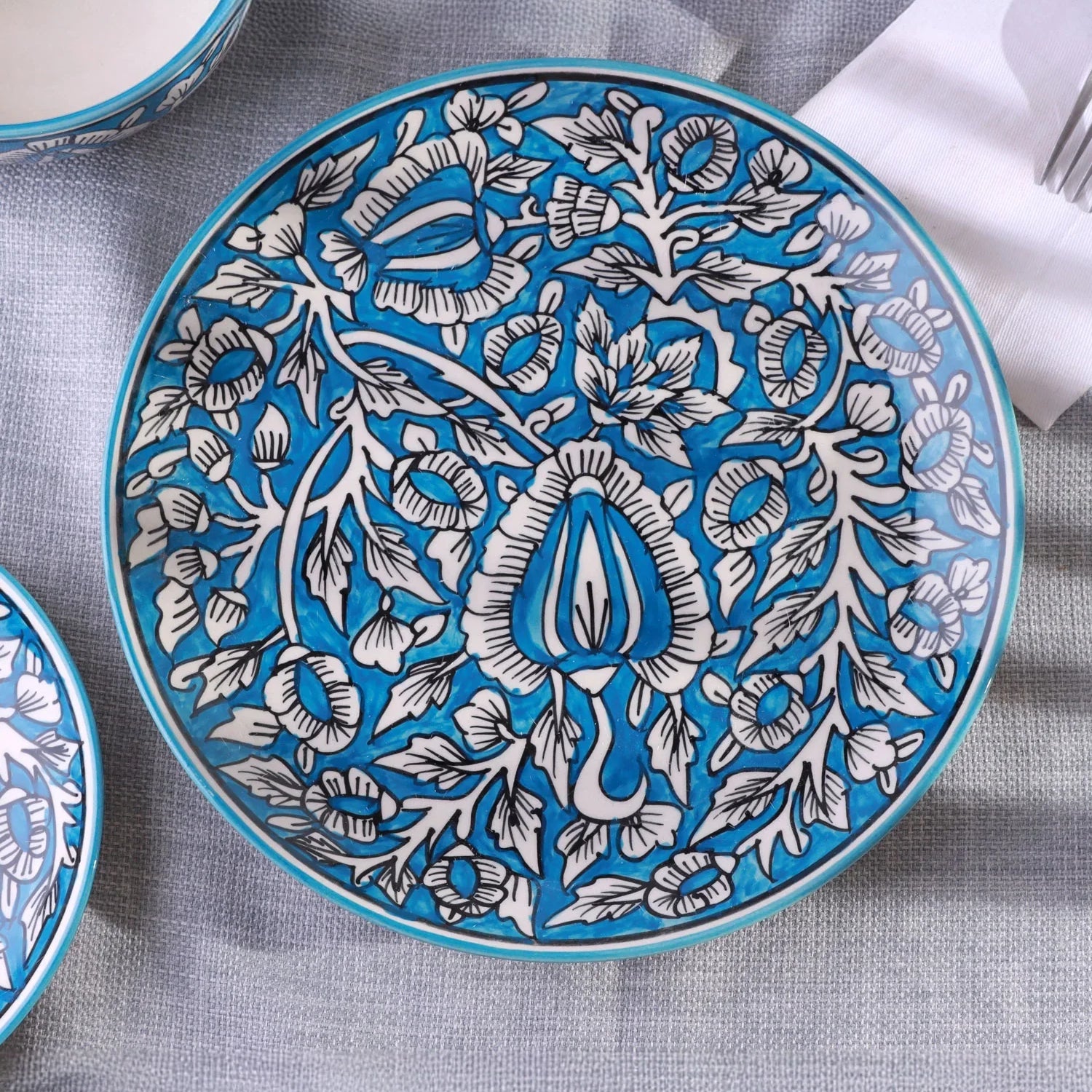 Tulipani Blue Hand-Painted Ceramic Tableware Collection Floral Plates & Bowls