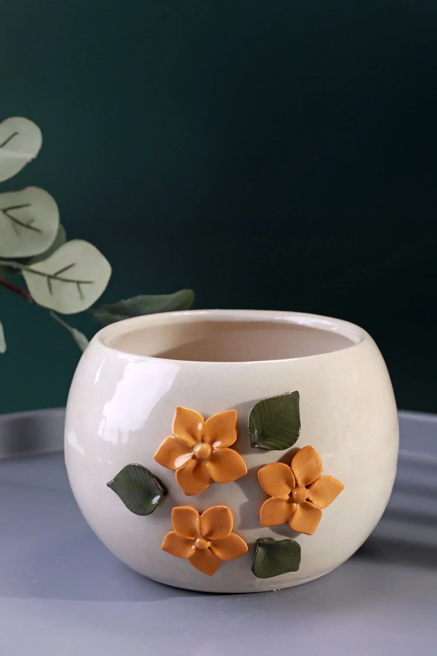Floral Line Ceramic Planter with 3D Sand Yellow Flowers — alternate view, G Decor