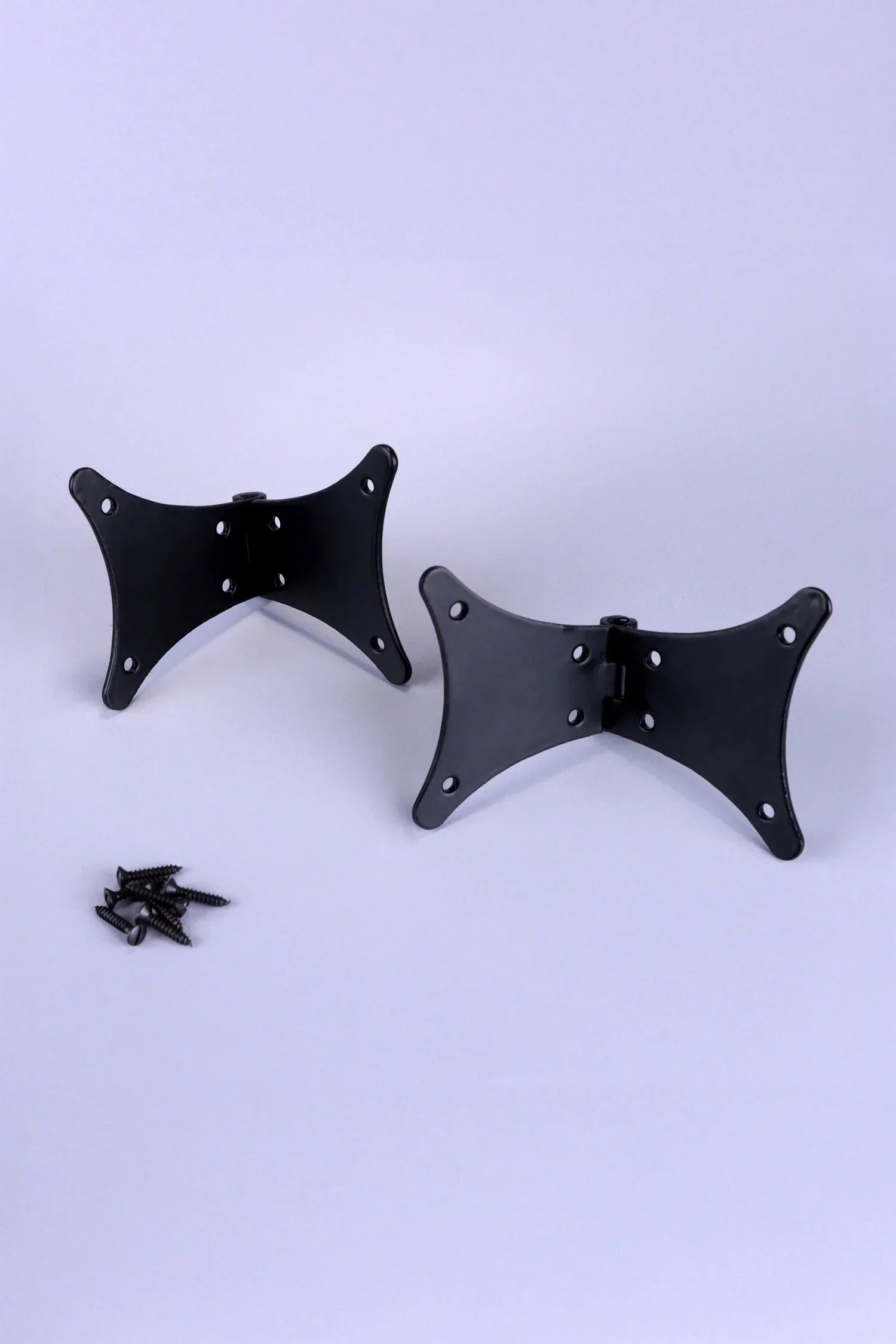 Pair of Hand-Forged Iron Butterfly Hinges, Black — close-up view, G Decor