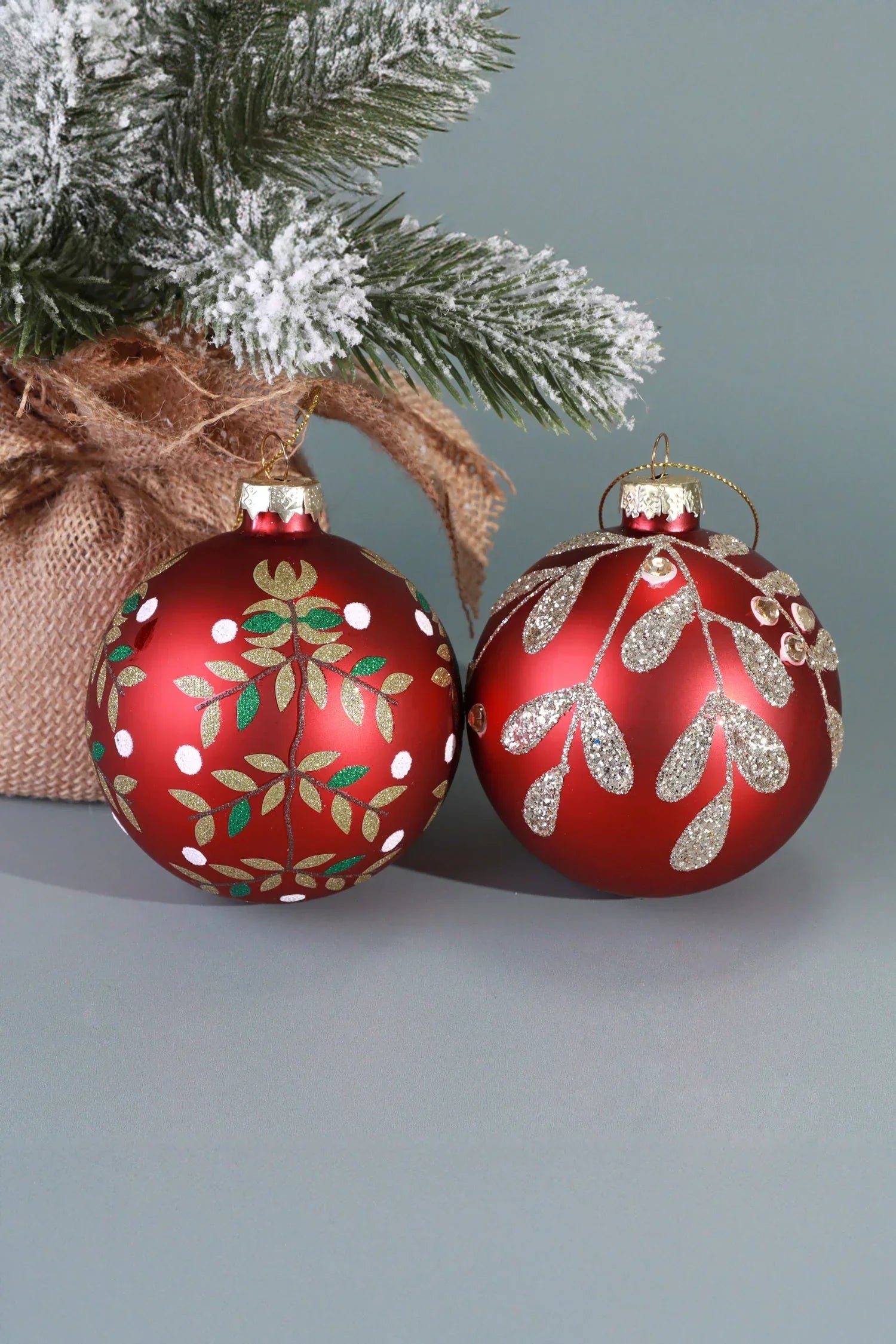 Holiday Red Hand-Painted Glass Christmas Baubles with Glitter Leaf — alternate view, G Decor