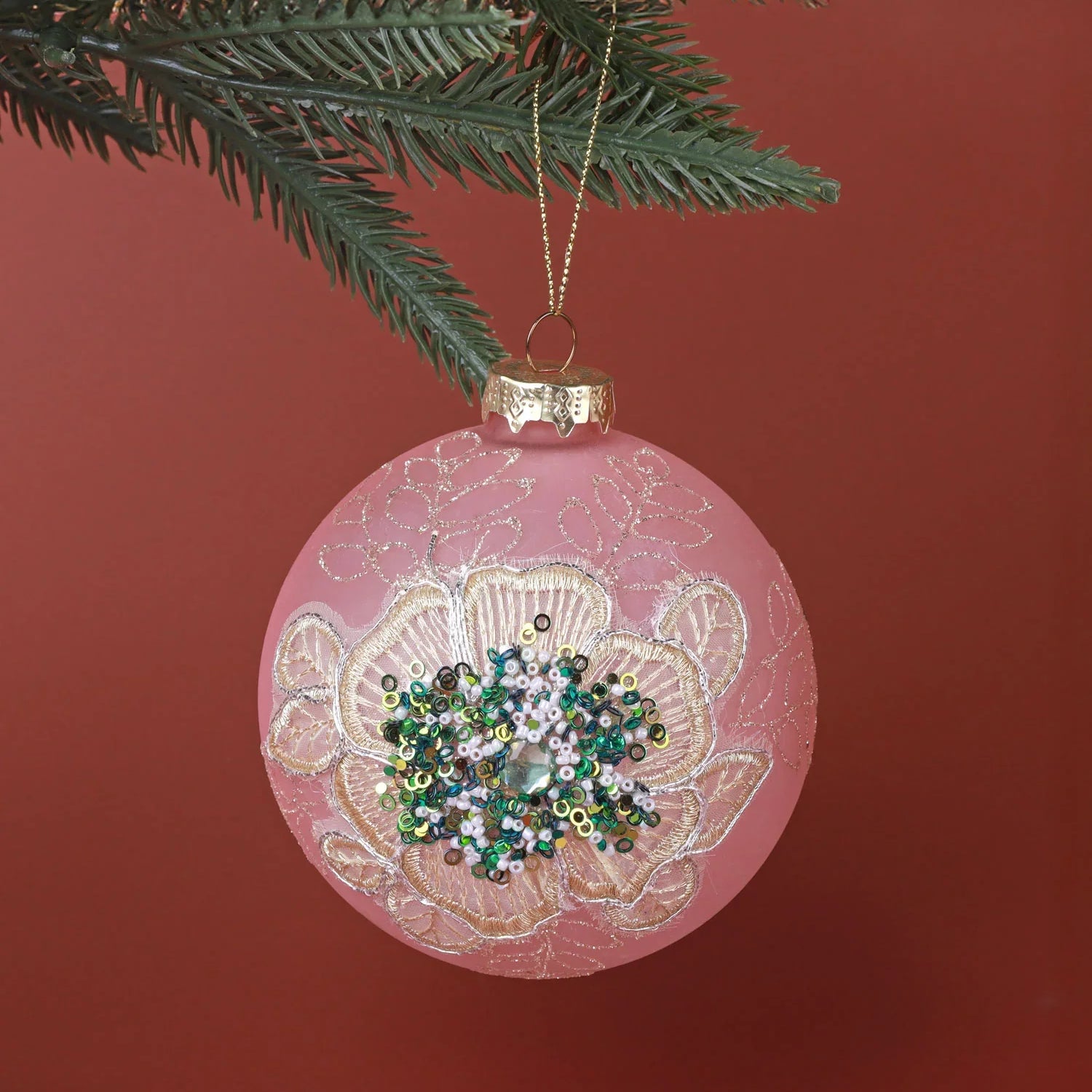 Blush Bloom Princess Large Hand-Embroidered Glass Baubles Baby Pink Sparkle Tree Ornaments in Round & Drop
