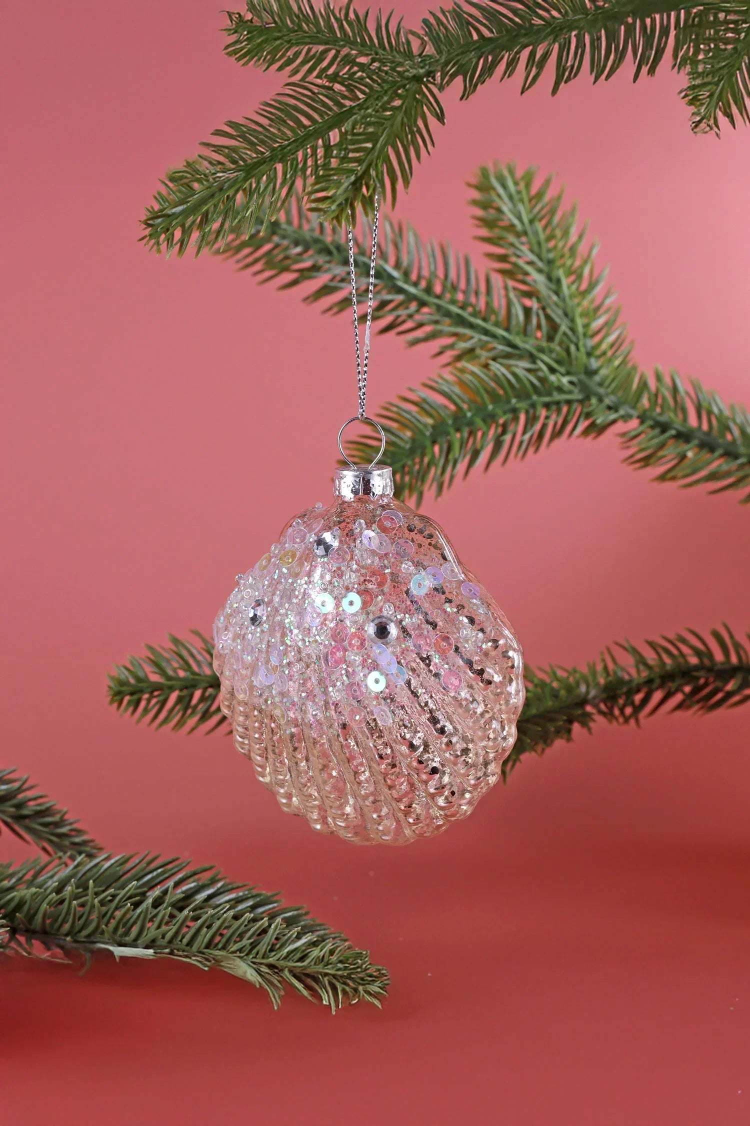 Sequin shell Christmas ornament on pine branch, G Decor luxury holiday home décor