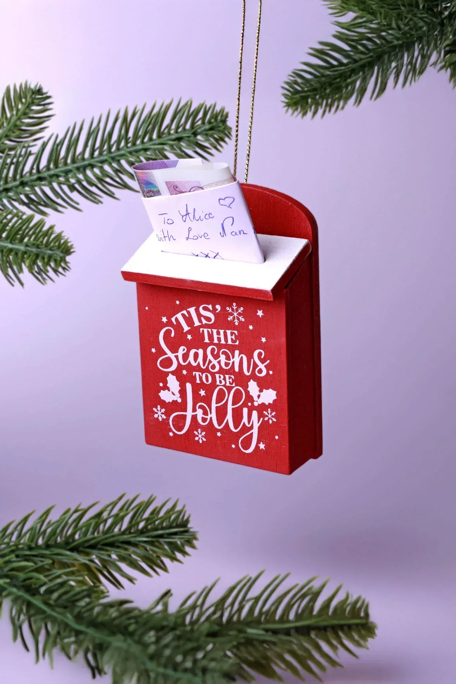 Wooden Post Box Christmas Secret Note Holder Tree Decoration — alternate view, G Decor
