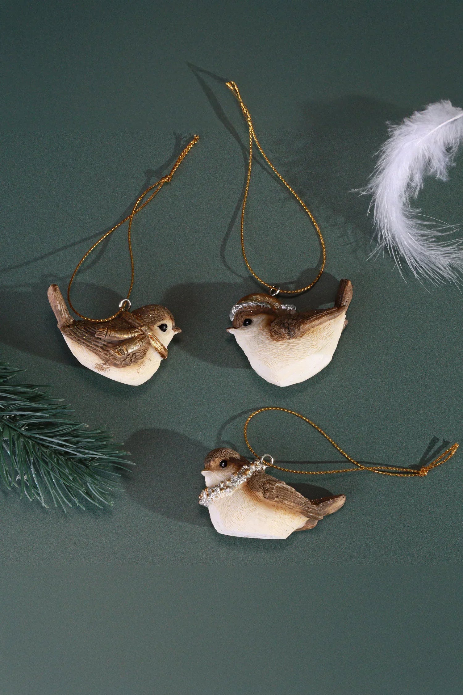 Set of 3 Golden Songbird Handcrafted Christmas Tree Decorations — close-up view, G Decor