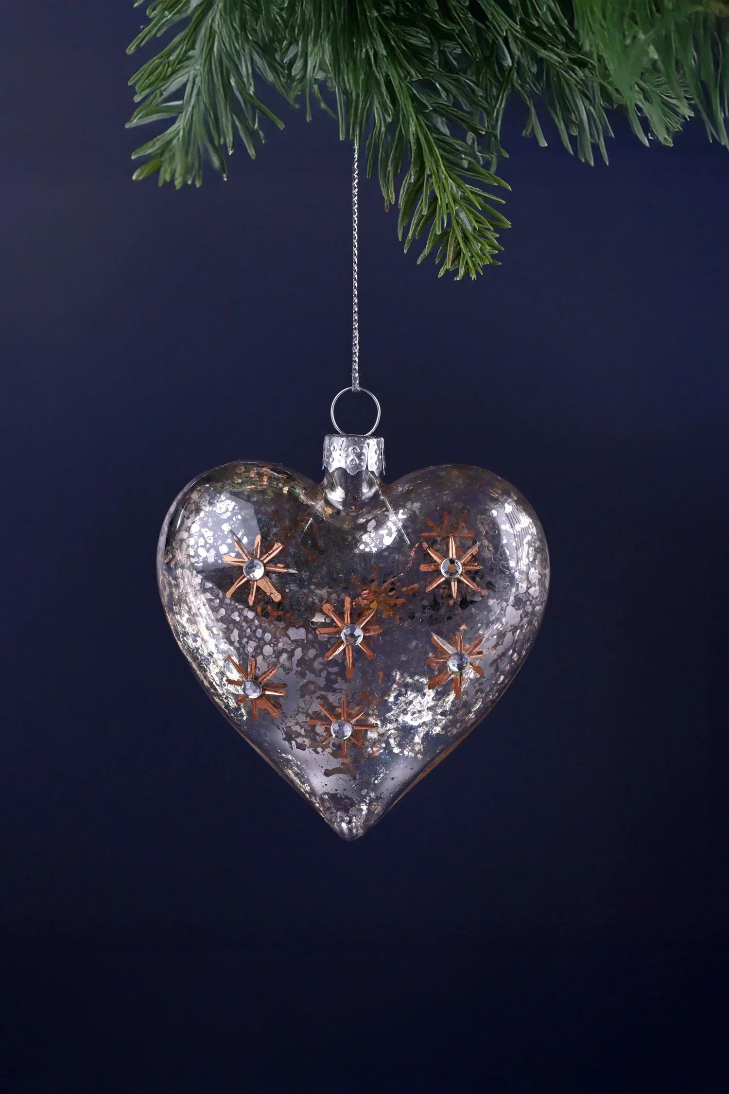 Starlit Heart Mercury Glass Christmas Bauble in Vintage Silver and Gold — close-up view, G Decor