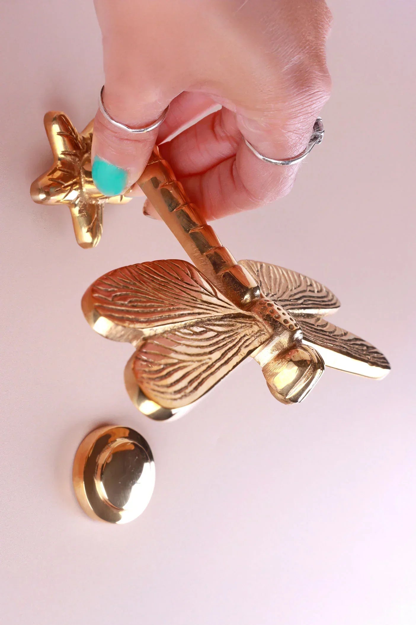 Dragonfly Polished Brass Door Knocker — close-up view, G Decor