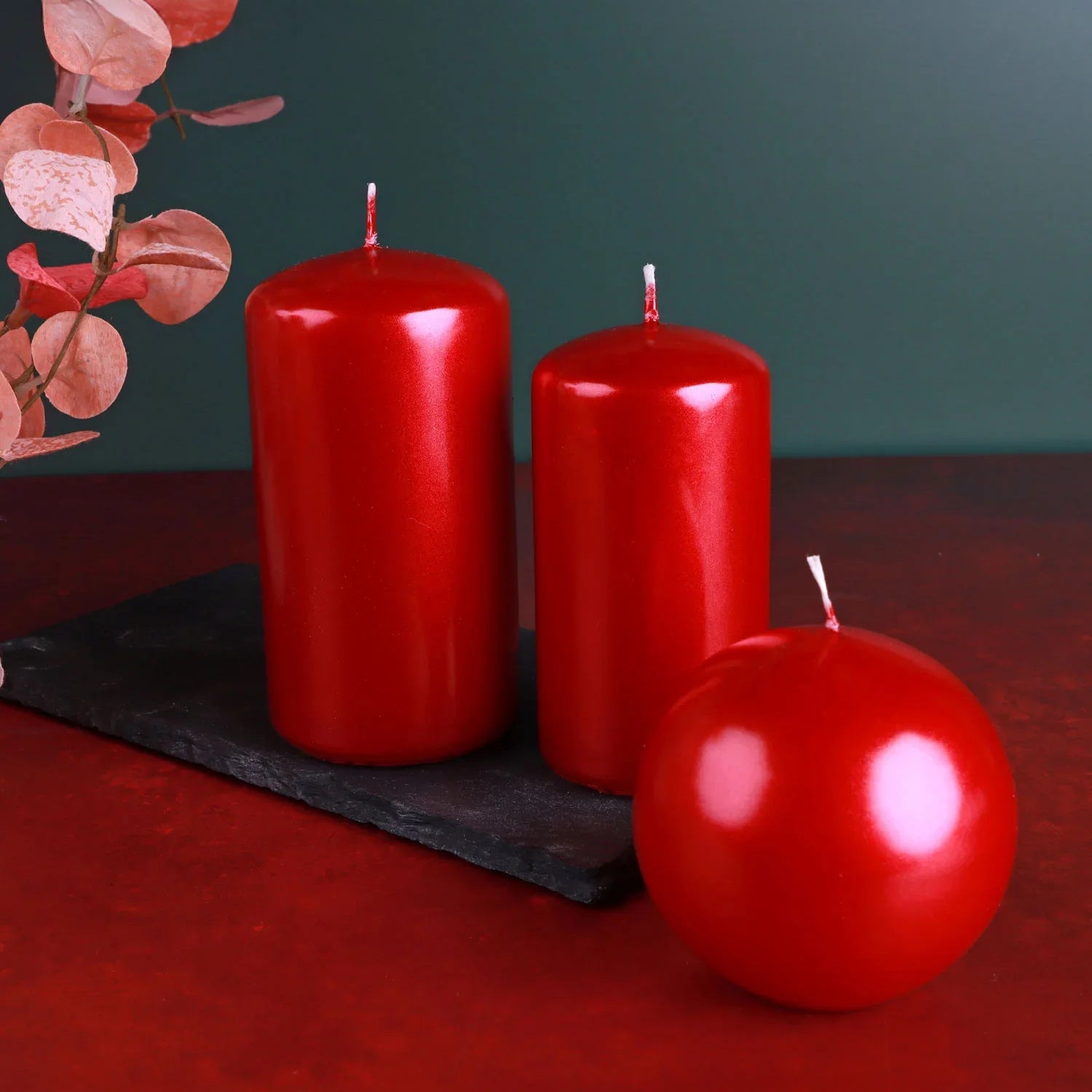 Grace Alouette Scarlet Red Lacquered Pillar and Ball Candles