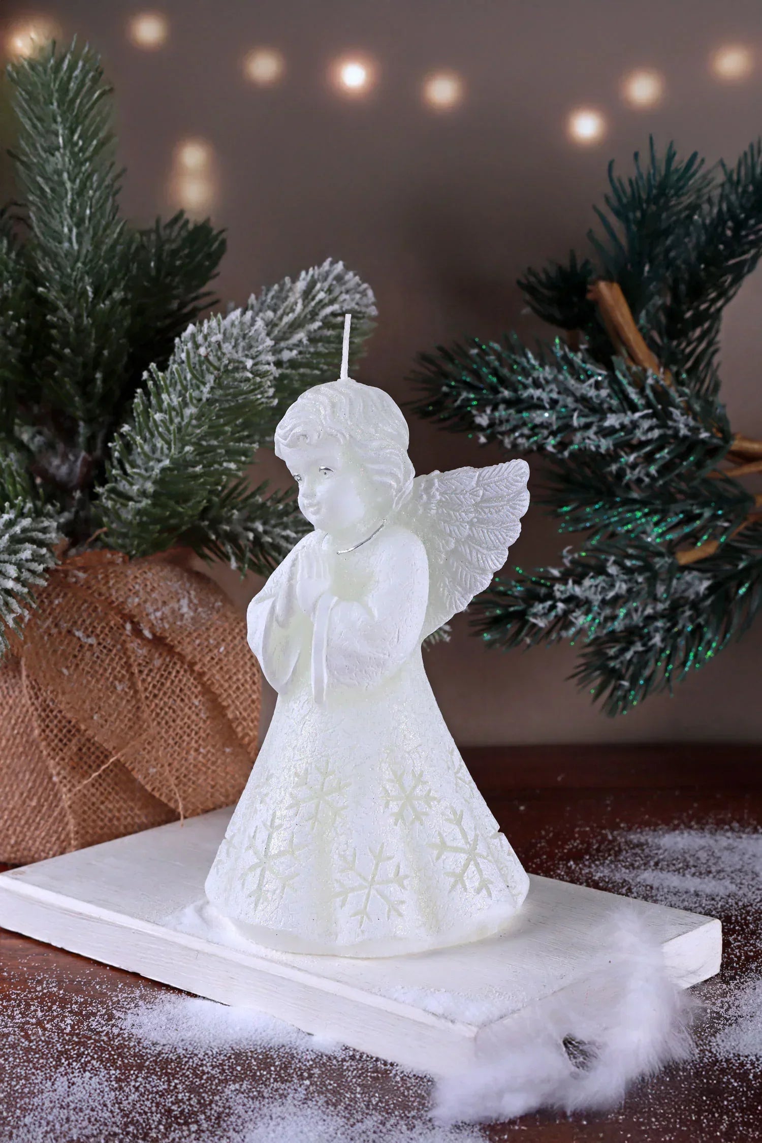 White Angel Hand-Finished Wax Candle with Snowflake Dress — view 6, G Decor