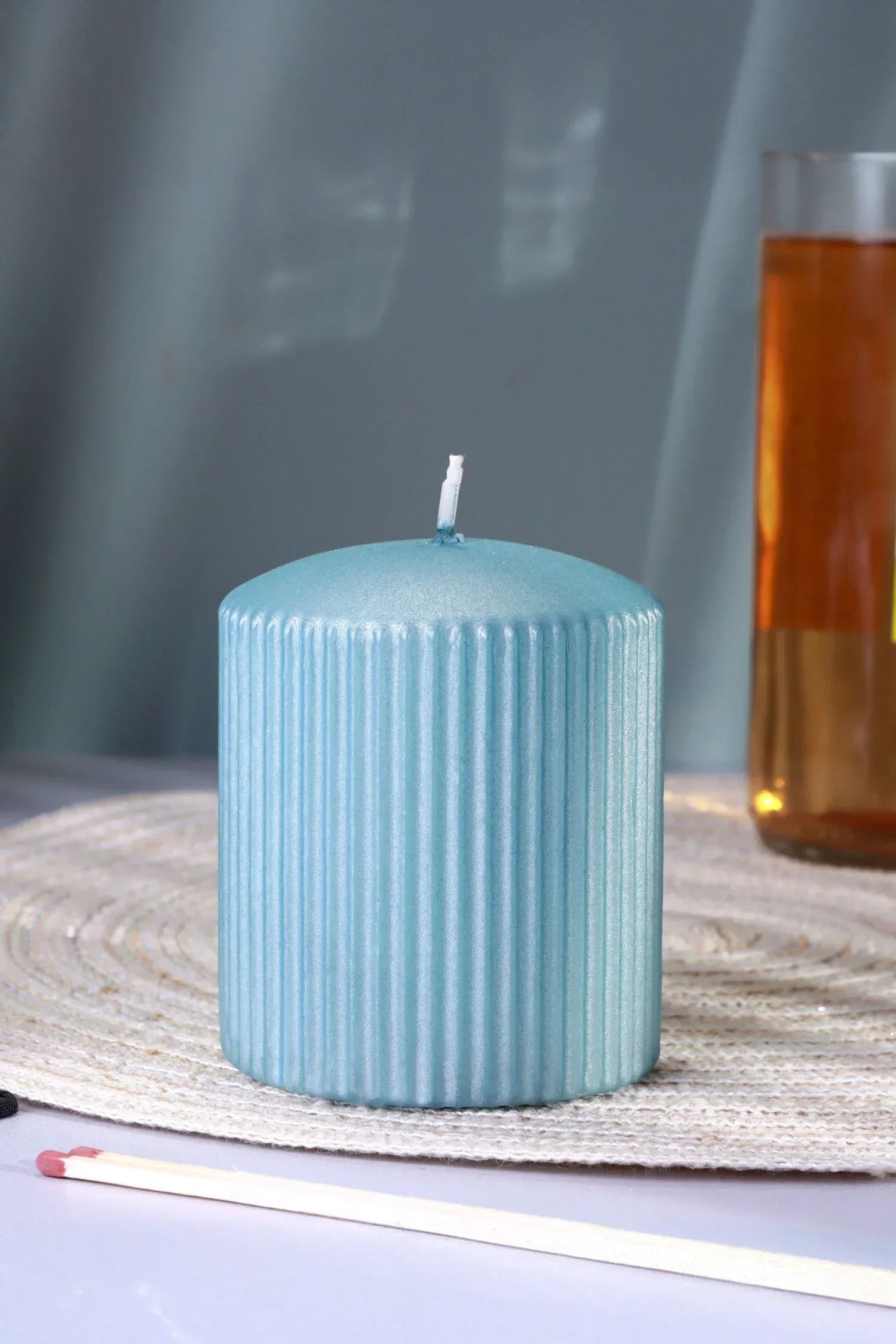 Vellure Ribbed Pillar Candle in Ice Blue — close-up view, G Decor