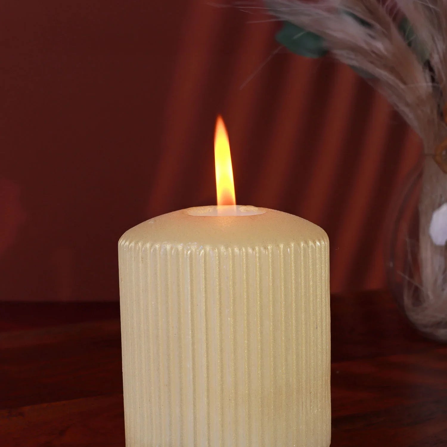 Vellure Sandstone Yellow Ribbed Pillar Candle Warm Accent Stylish Modern Spaces Statement