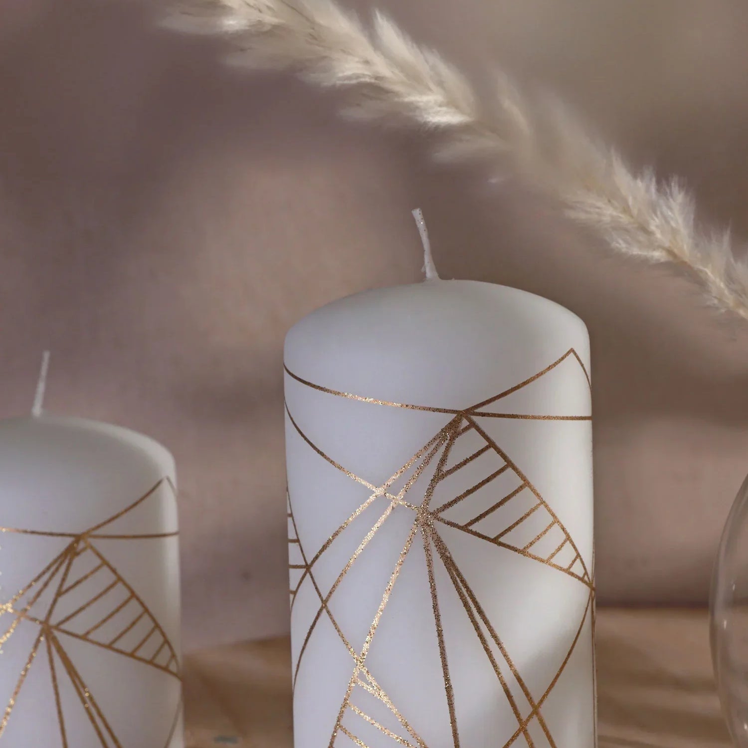 Modern White Pillar Candle with Gold Line Detail Contemporary Design in Two Sizes
