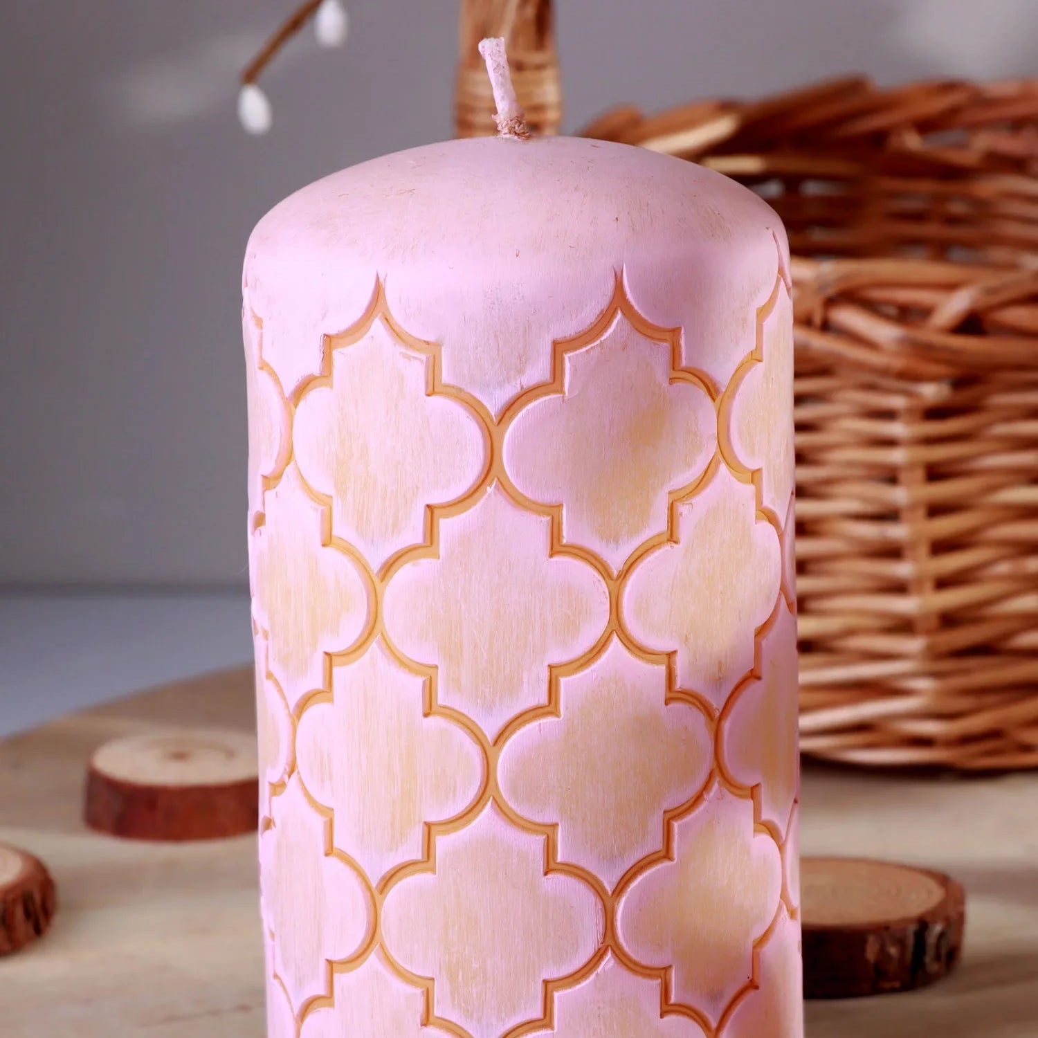 Moroccan Kanz Pressed Brass Pastel Lattice Pillar Candle – Blush Pink or Mint Green