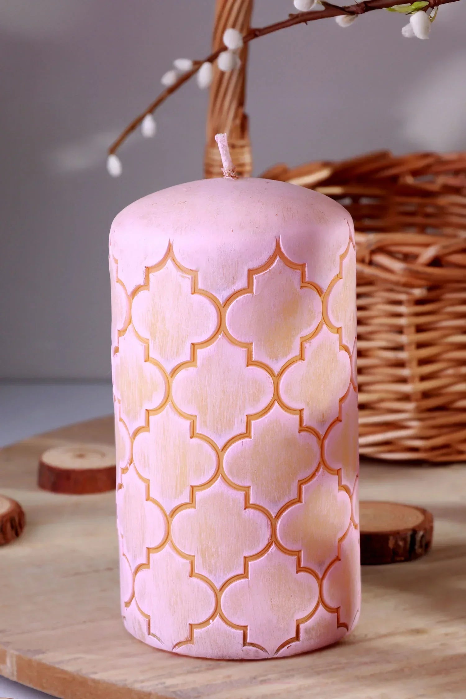 Moroccan Kanz Pressed Brass Lattice Pillar Candle in Blush Pink or Mint Green — lifestyle view, G Decor