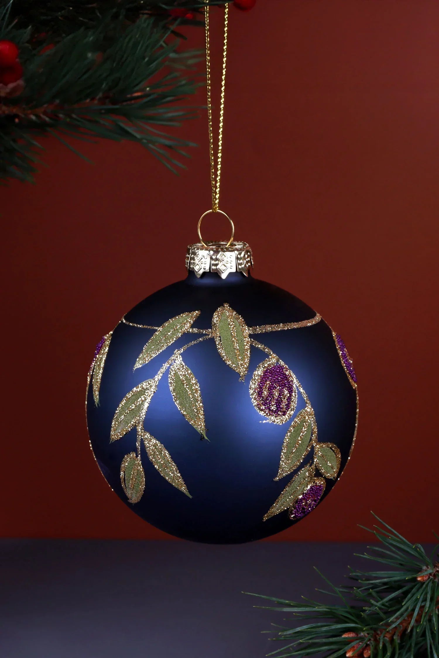 Hand-Painted Jewel Scrollwork Glass Christmas Bauble in Green or Deep Blue — close-up view, G Decor