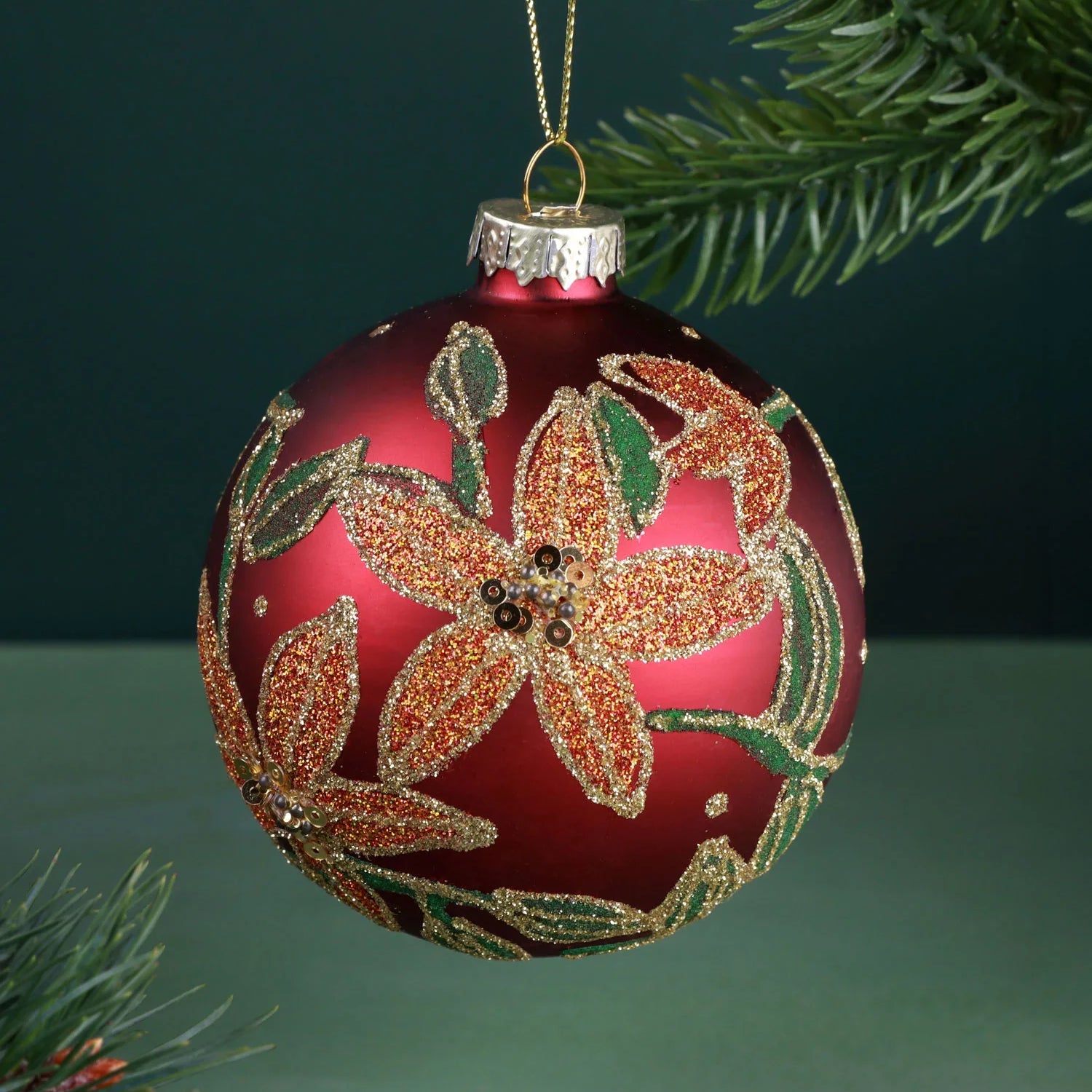 Hand-Painted Glass Christmas Bauble Hanging Decoration Winter Berry Branch or Golden Poinsettia Red