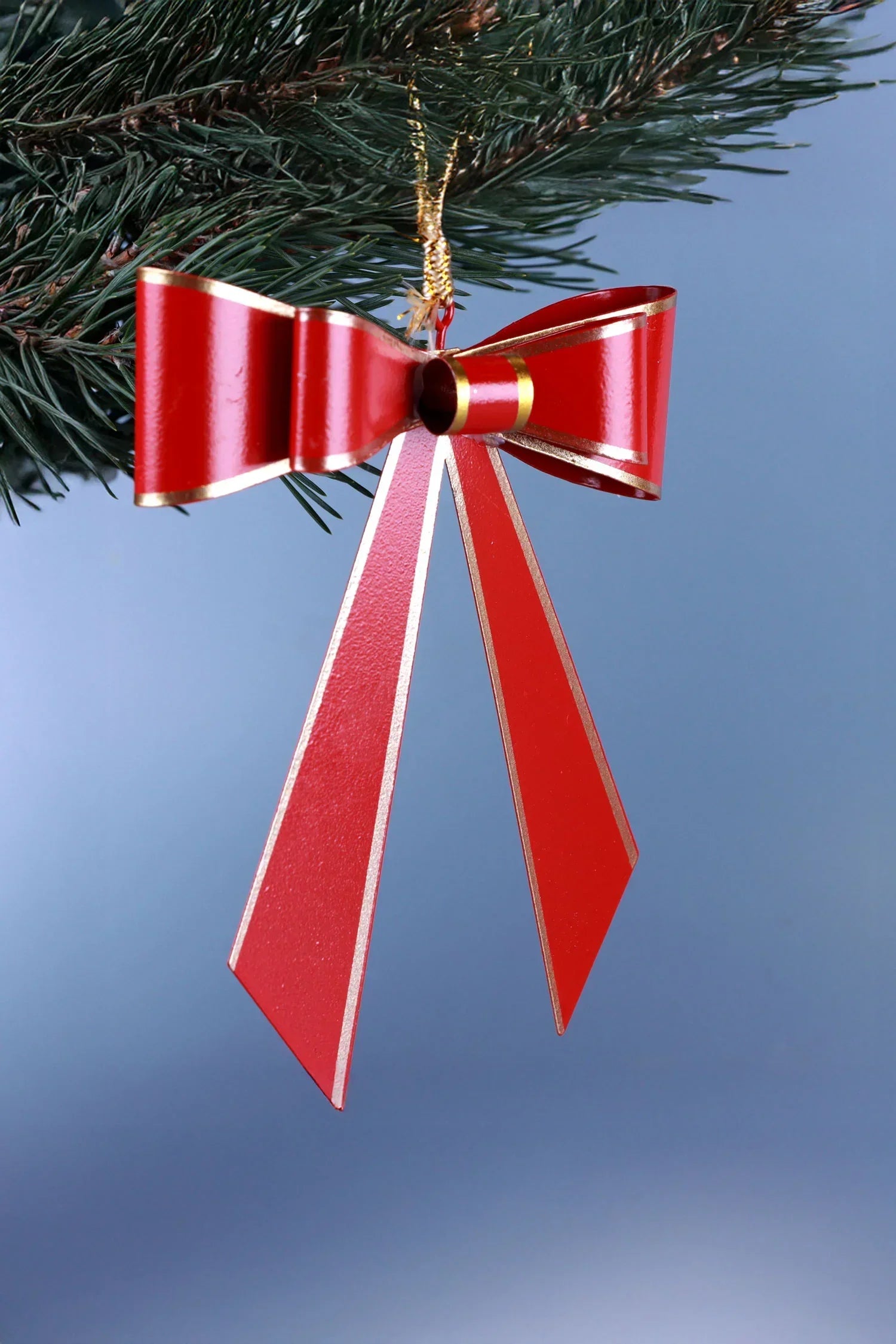 Red Christmas Bow Hanging Decoration with Gold Trim — close-up view, G Decor