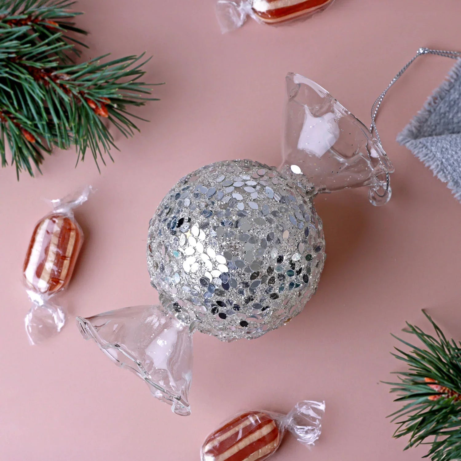 Silver Confetti Hand-Finished Glass Candy Ornament Luxe Sparkle Christmas Tree Decoration