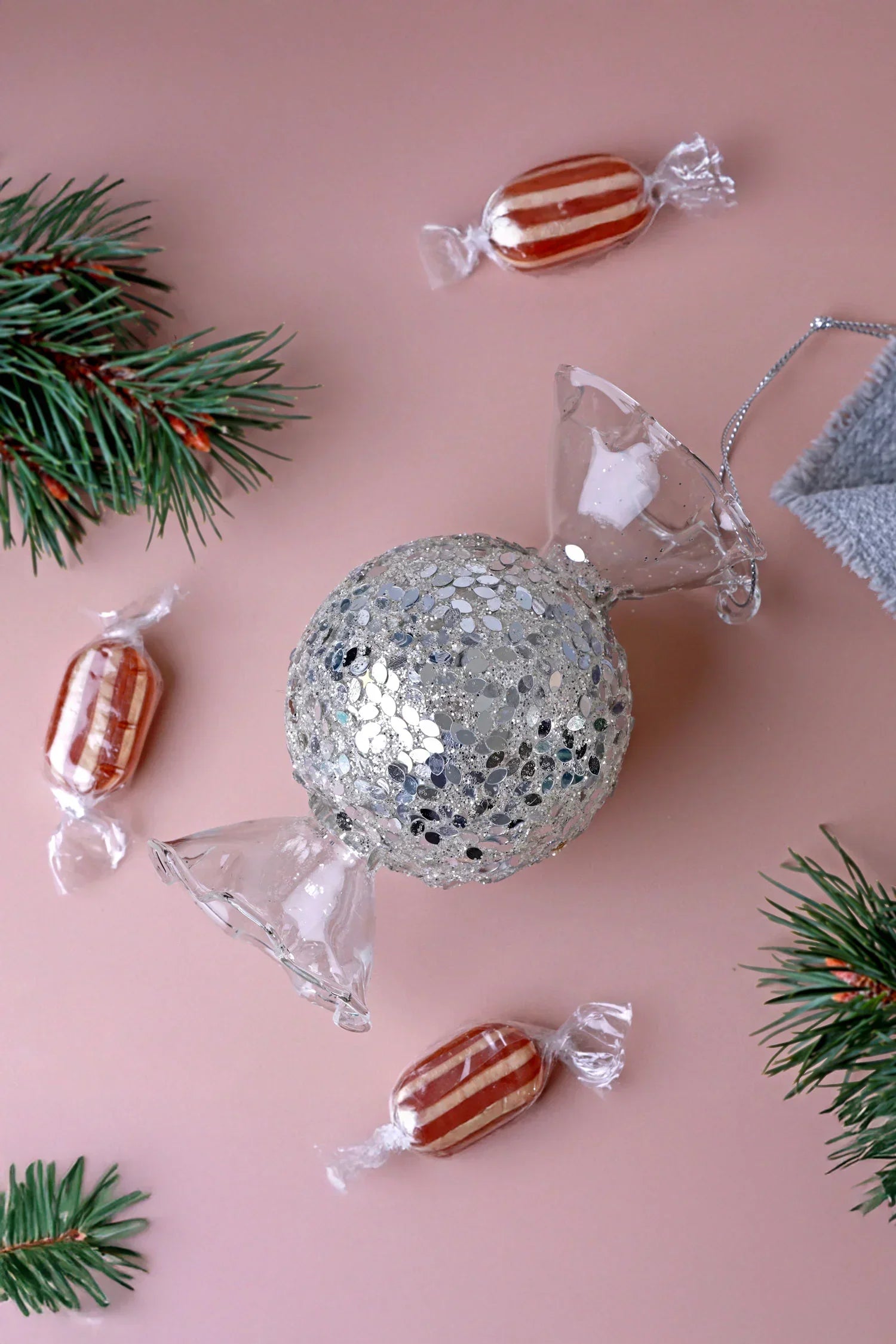 Silver Confetti Hand-Finished Glass Candy Christmas Bauble — G Decor
