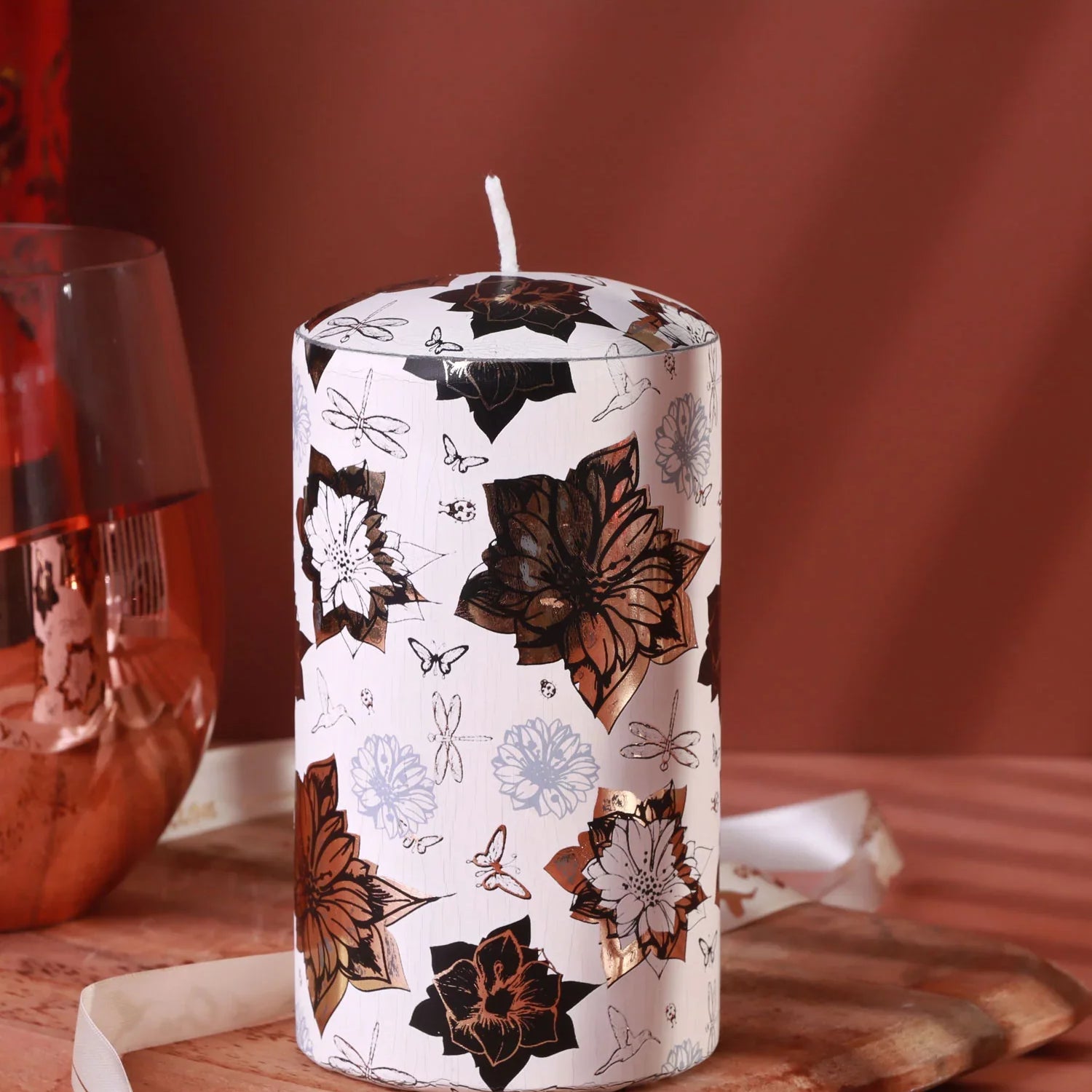 Bouquet Royale Beige Autumn Garden Pillar Candle with Aged Brass Hues by D’Oro