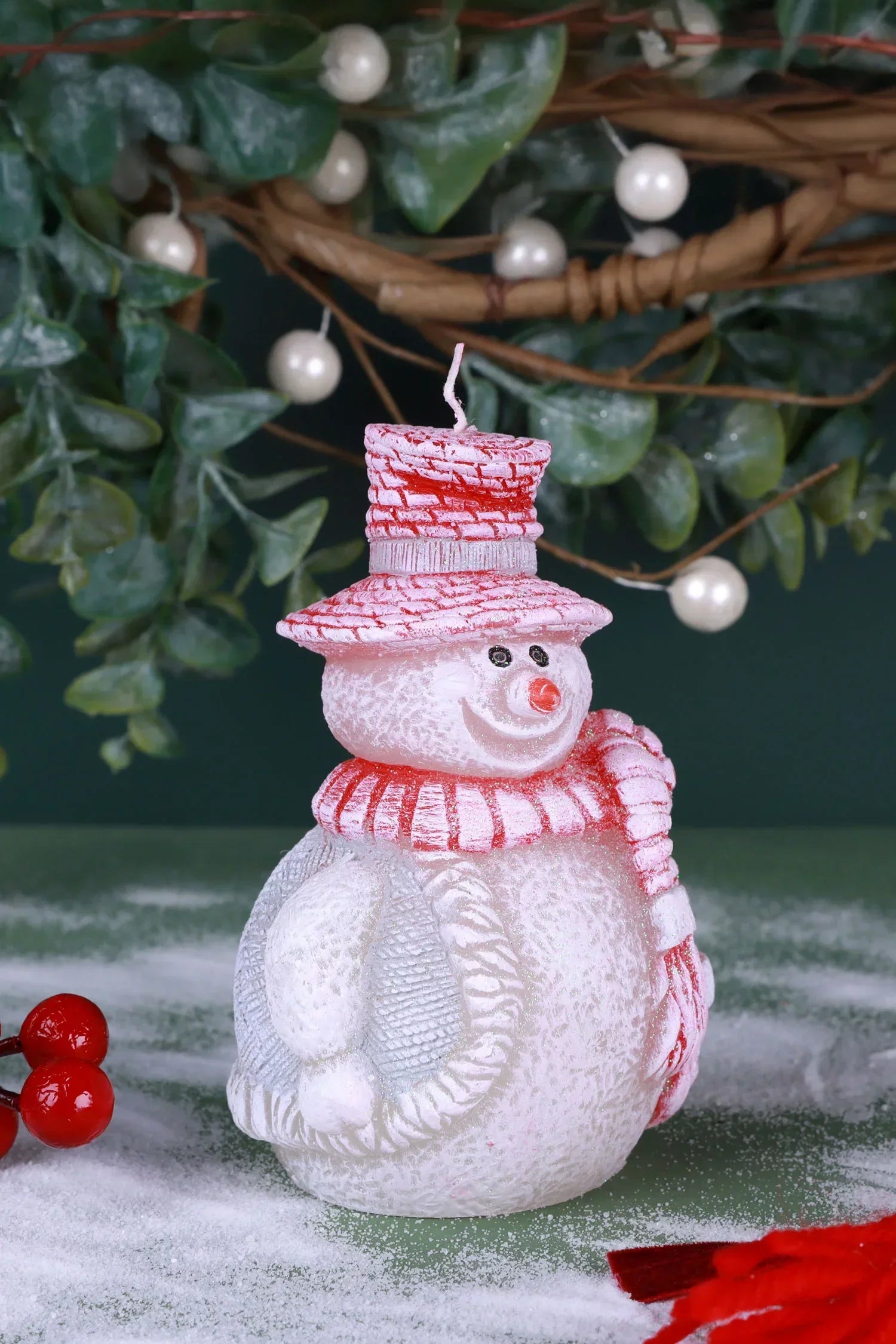Happy Snowman Christmas Candle with Red Hat and Scarf — alternate view, G Decor