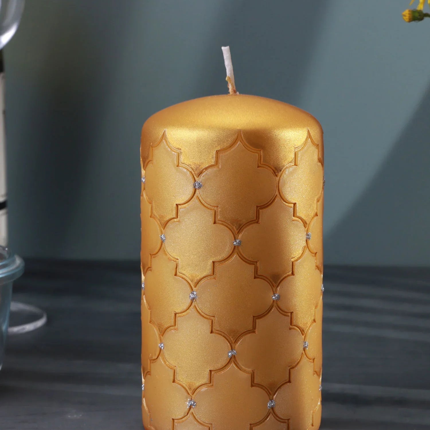 Lorinne du Clair Hand-Finished Crystal Pillar Candle Gold Lattice or Light Grey Quilted Design