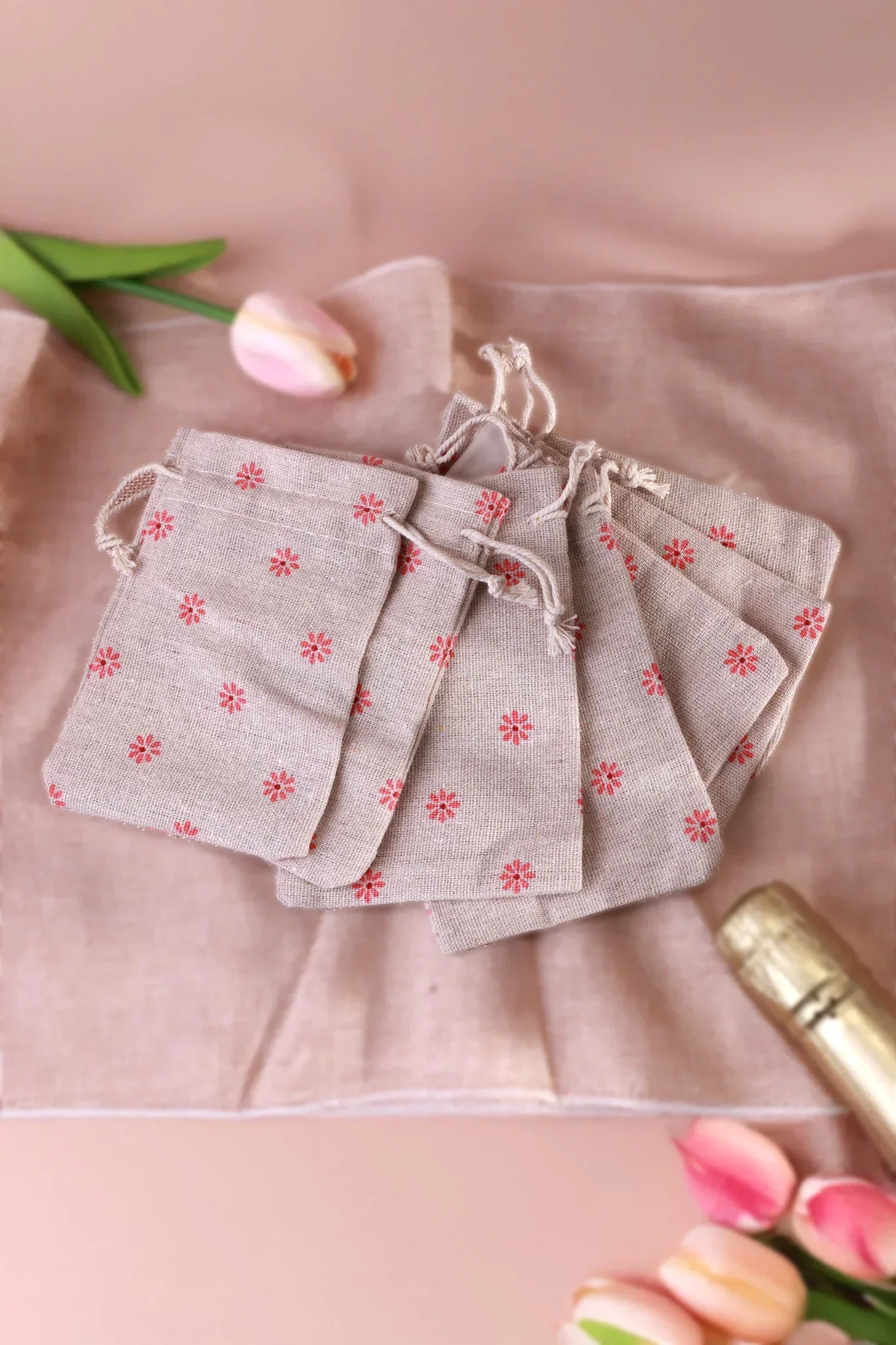 Set of 2 or 5 Blossom Reusable Linen Gift Bag Favour Pouches — alternate view, G Decor