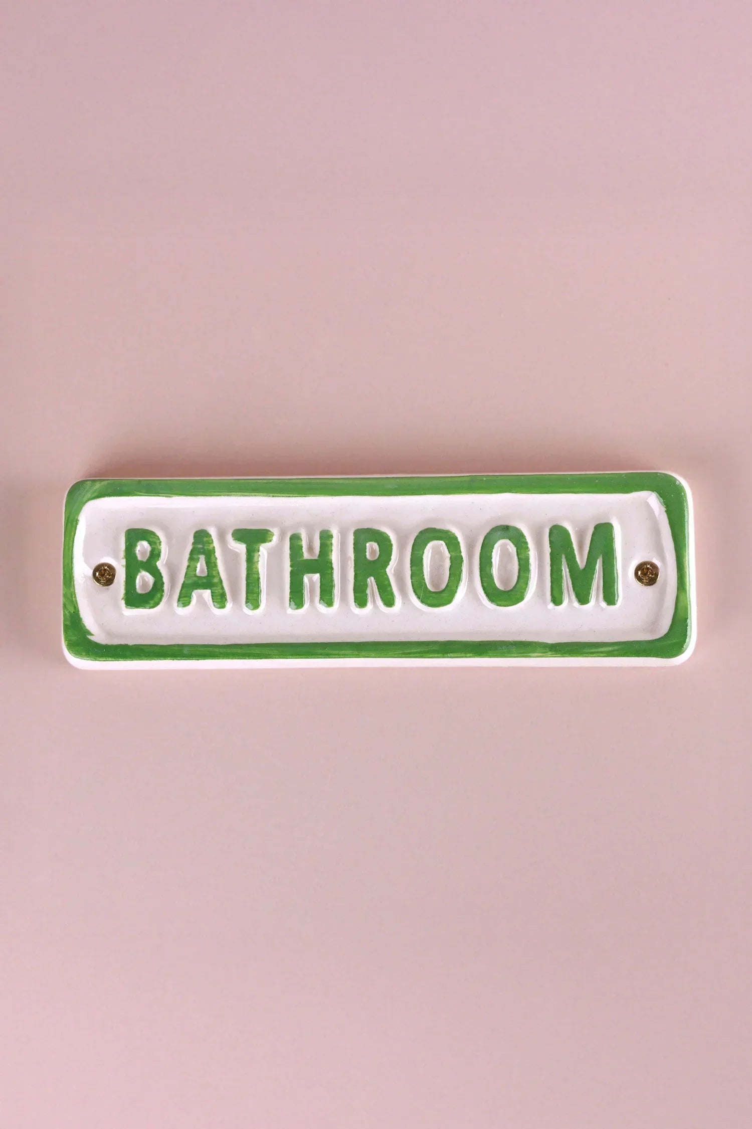 Rustic Ceramic Bathroom Door Plaque with Green Cottage Border — alternate view, G Decor