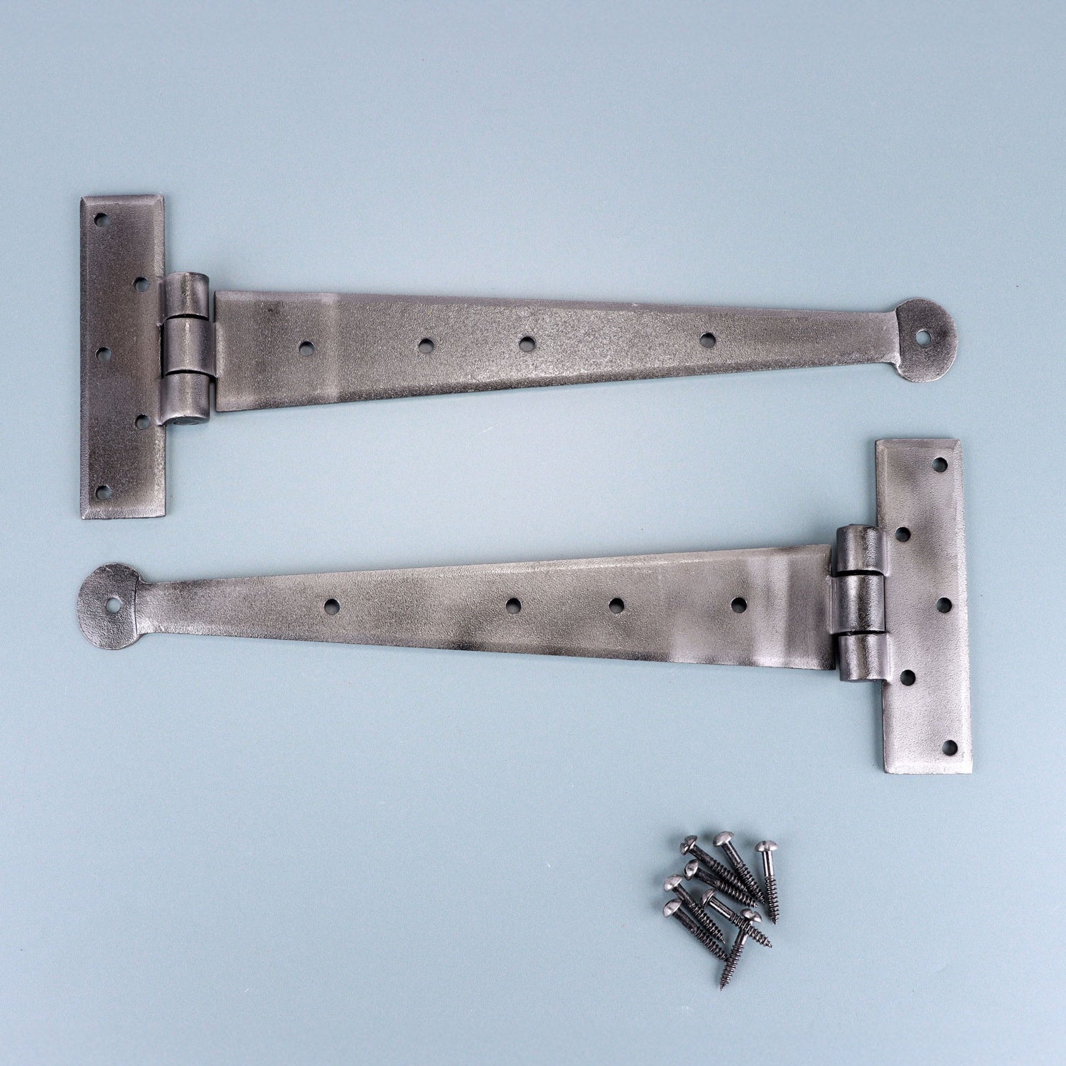 Pair of 9″ or 12″ Hand Forged Coinbase T Hinges Pewter Finish