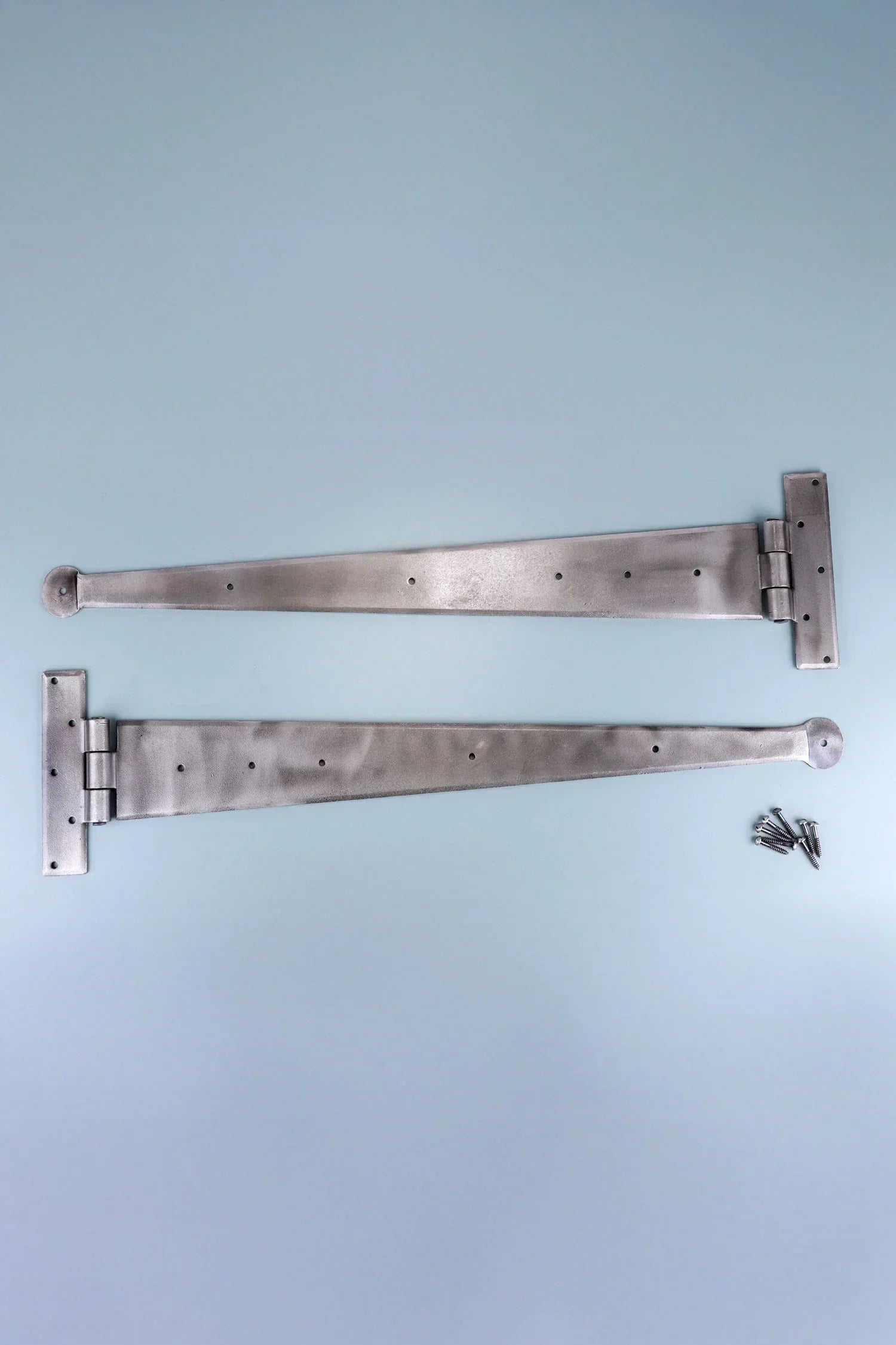 Pair of stainless steel strap hinges with screws for doors or gates on a light background