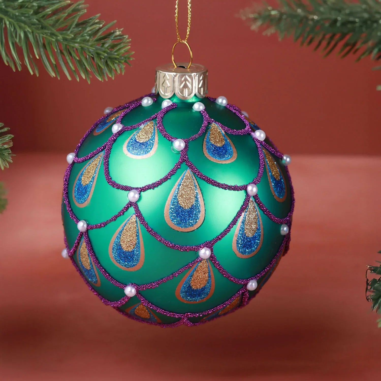 Hand-Painted Glass Christmas Bauble Hanging Decoration Peacock Tail Design in Emerald Green or Royal Blue