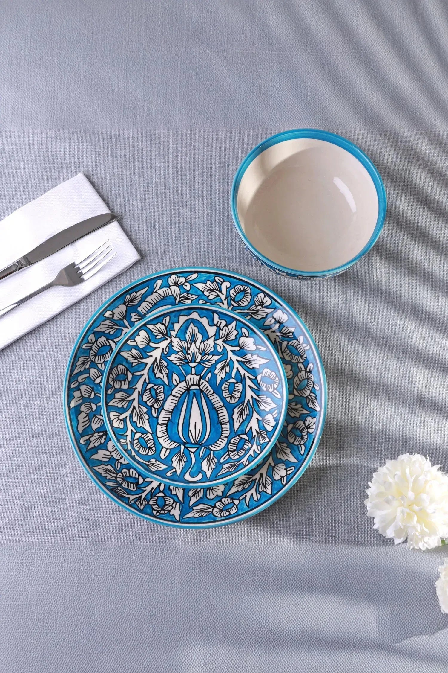 Tulipani Blue Hand-Painted Floral Ceramic Plates and Bowls — lifestyle view, G Decor