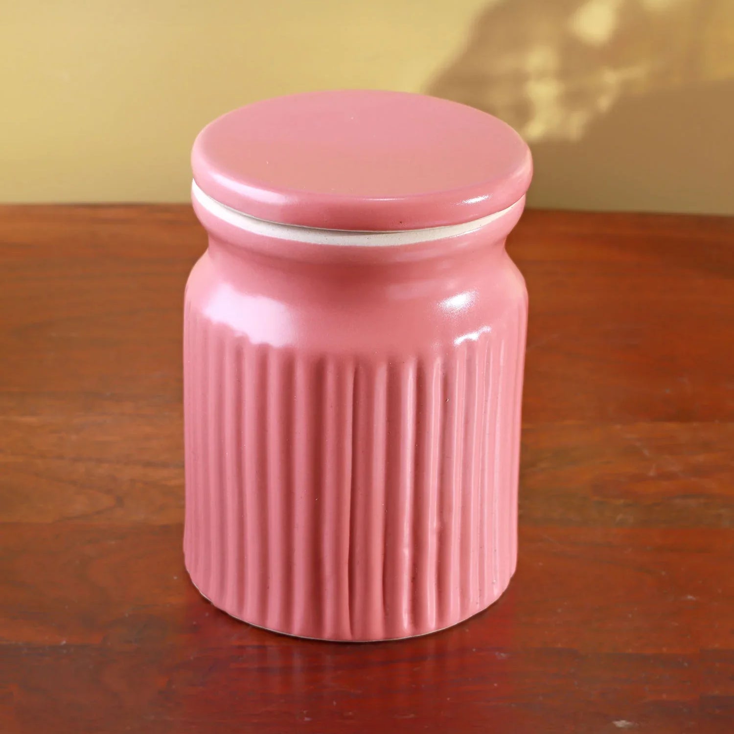 Soft Pastel Jars Handcrafted Ceramic Ribbed Storage Containers with Lids in Dark Mint, Fresh Green & Blush Pink