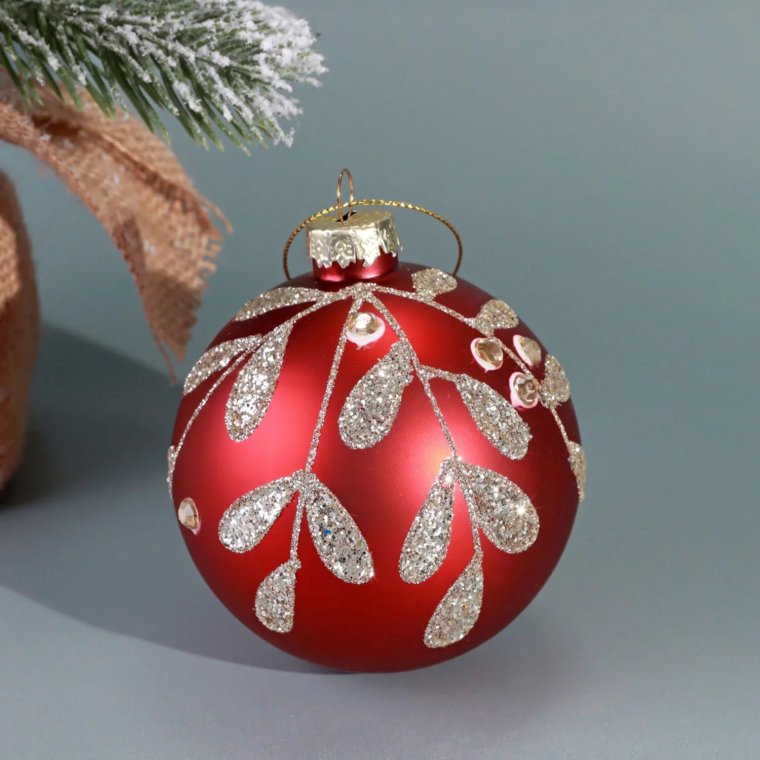 Holiday Red Glass Christmas Baubles Hand-Painted Glitter Leaf & Jewel Design Tree Hanging Ornaments