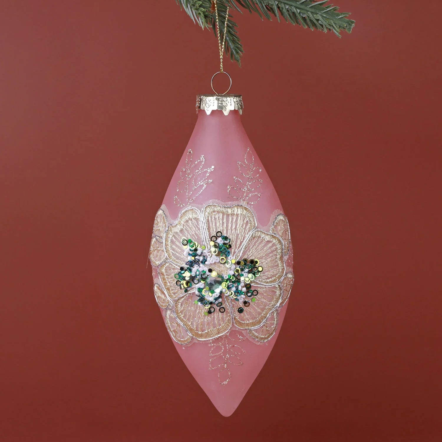 Blush Bloom Princess Large Hand-Embroidered Glass Baubles Baby Pink Sparkle Tree Ornaments in Round & Drop