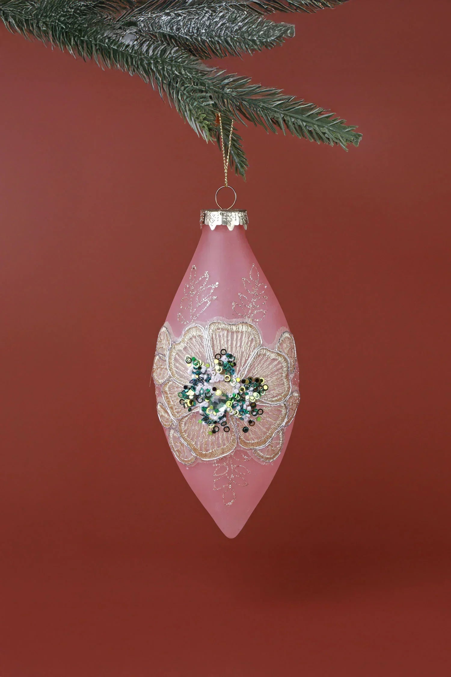 Blush Bloom Hand-Embroidered Baby Pink Glass Christmas Baubles — alternate view, G Decor